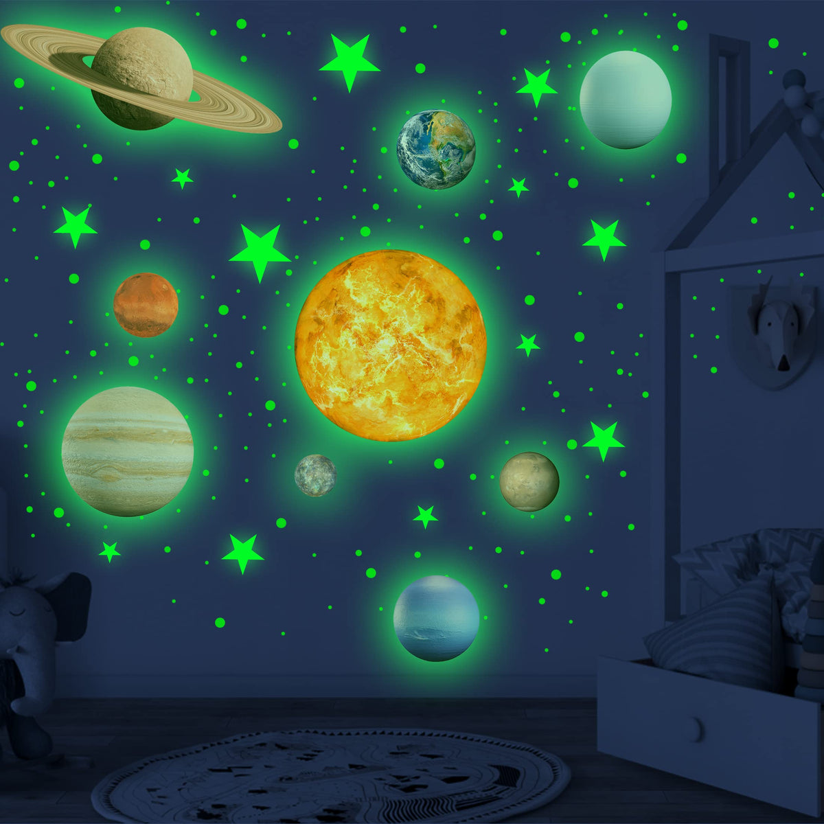 Glow in The Dark Stars Solar System Wall Stickers, Sun and 8 Major Planets Wall Decals for Bedroom, Baby Nursery Decoration for Ceiling (Green)