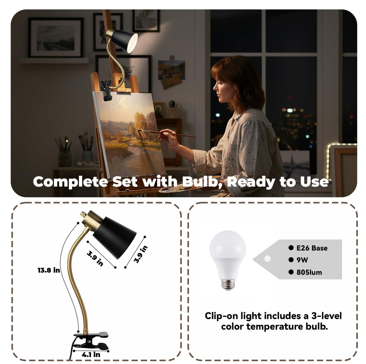 Desk lamp Eye-Caring Table Lamps, 360°Rotation Gooseneck Clip on Lamp Reading Light, Portable Reading Book Light, Clamp Light, Study Desk Lamps for Bedroom and Office Home Lighting (Black and Gold)