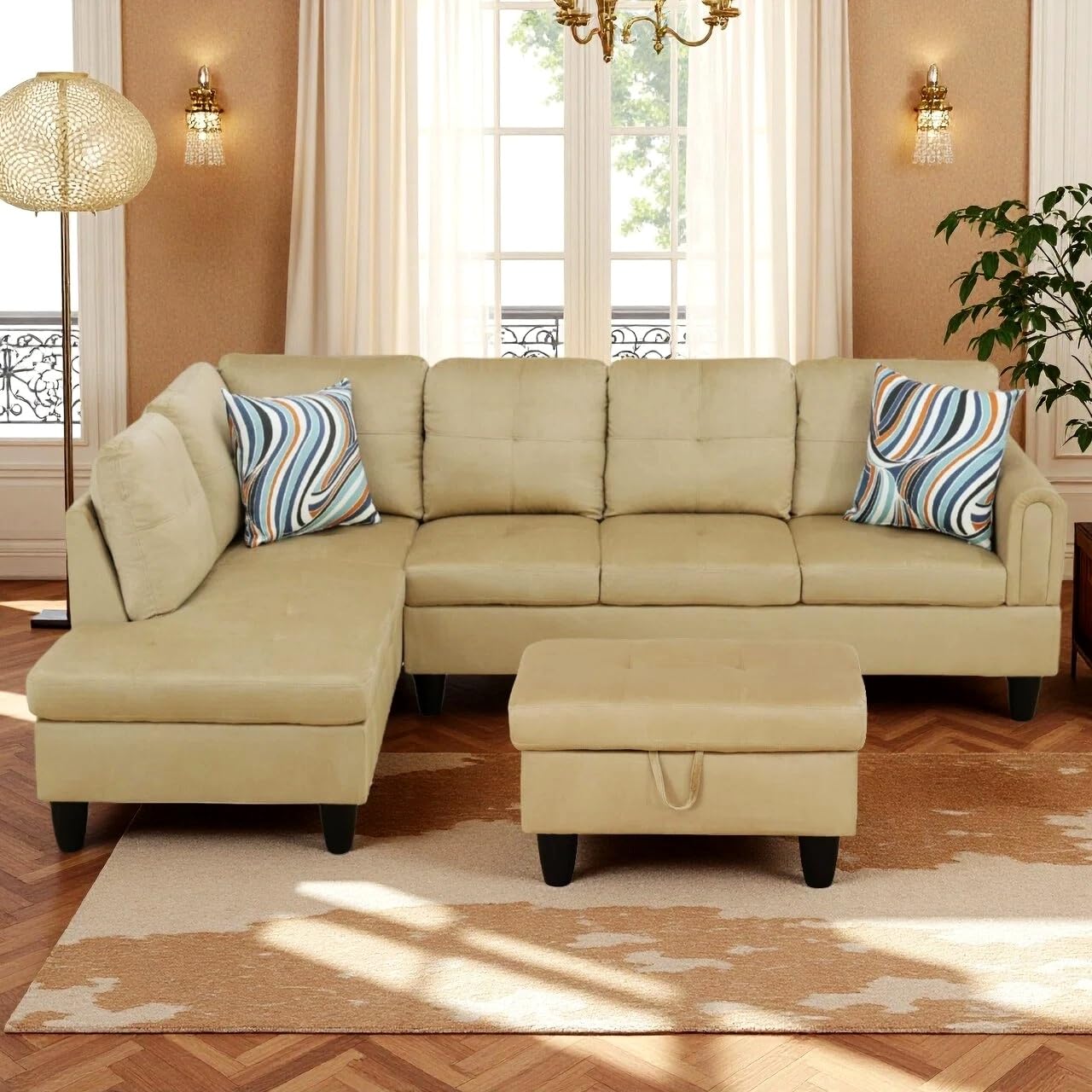 Trygoal 97" L Shaped Couch Sectional Couches with Chaise and Storage Ottoman, 3 Pieces Modular Convertible Sofa for Living Room Furniture Sets and Small Apartment, Beige