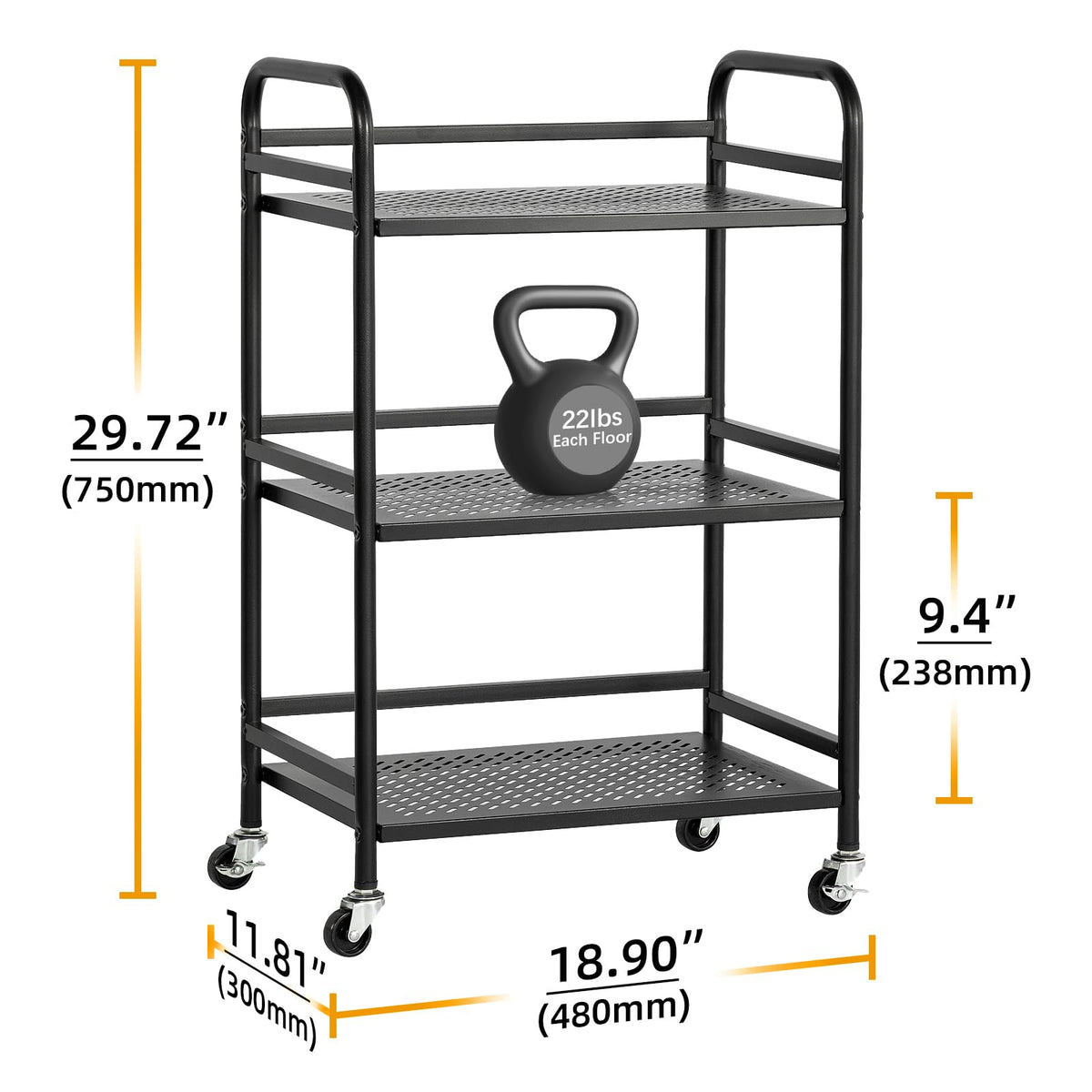 HDANI 3 Tier Rolling Cart,Heavy Duty Multifunctional Metal Frame-Supports 22 Lbs Per Tier,Mesh Rolling Cart with 2 Lockable Wheels for Office,Home,Bedroom,Kitchen,Bathroom,Black