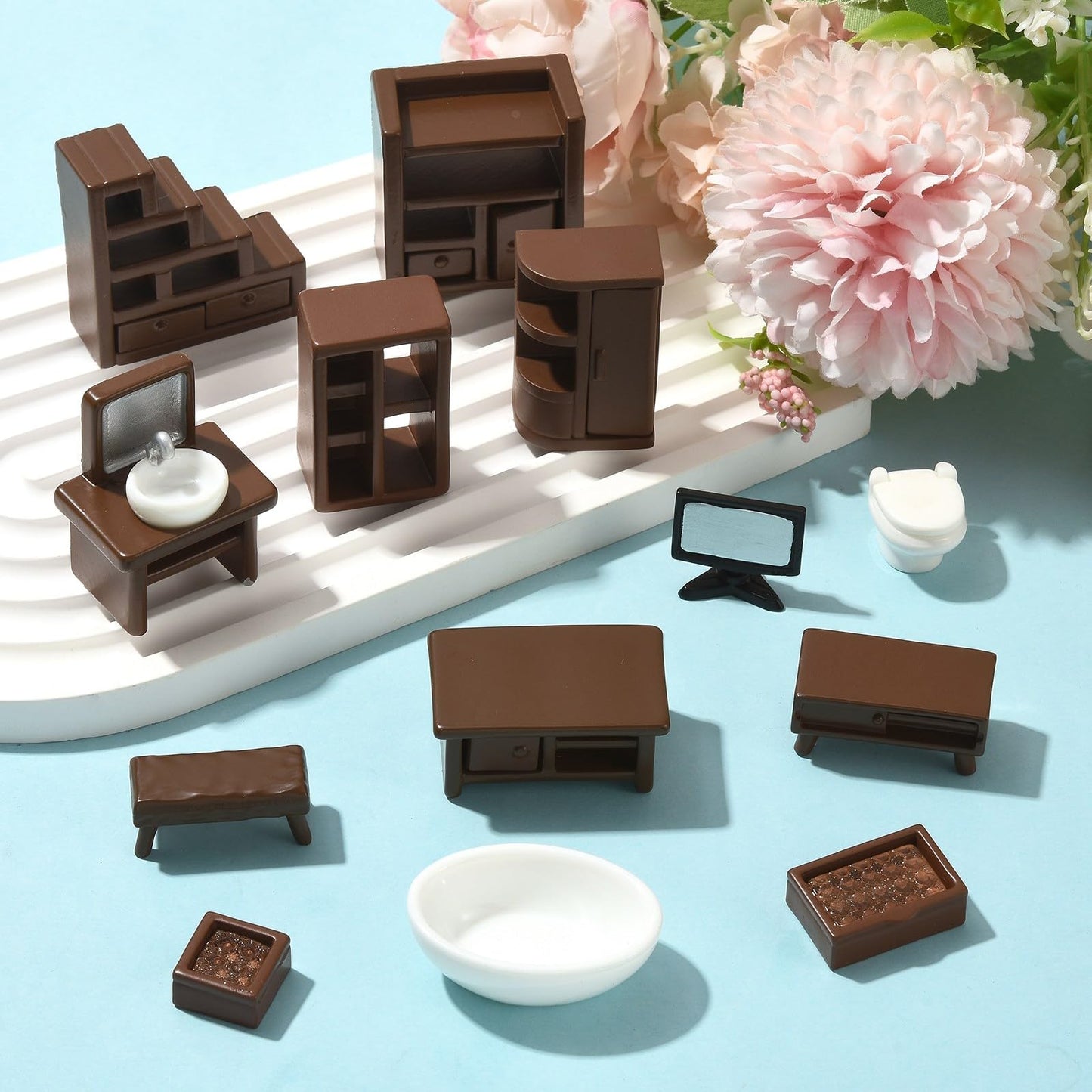 LiQunSweet 22 Pcs Resin Furniture Miniatures Micro 3D Mini Dollhouse Table Chairs Bed Bookshelf Bathroom Living Room Set for Fairy Garden DIY Scene Accessories