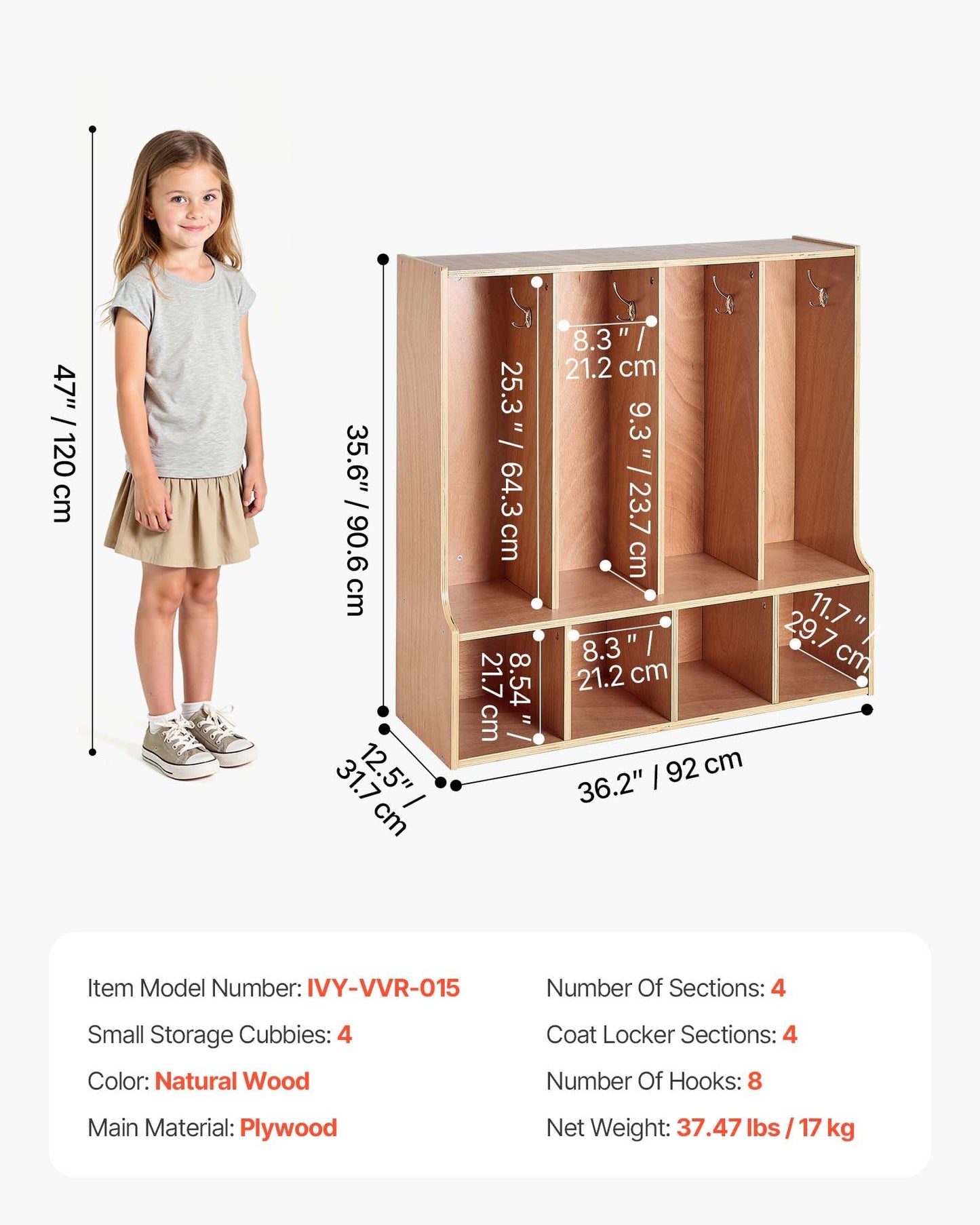 VEVOR 4-Section Coat Locker with Bench, Kids Lockers with 8 Hooks & Non-Slip Mat, Classroom Cubbies for Daycare, Home, Kindergarten- Natural