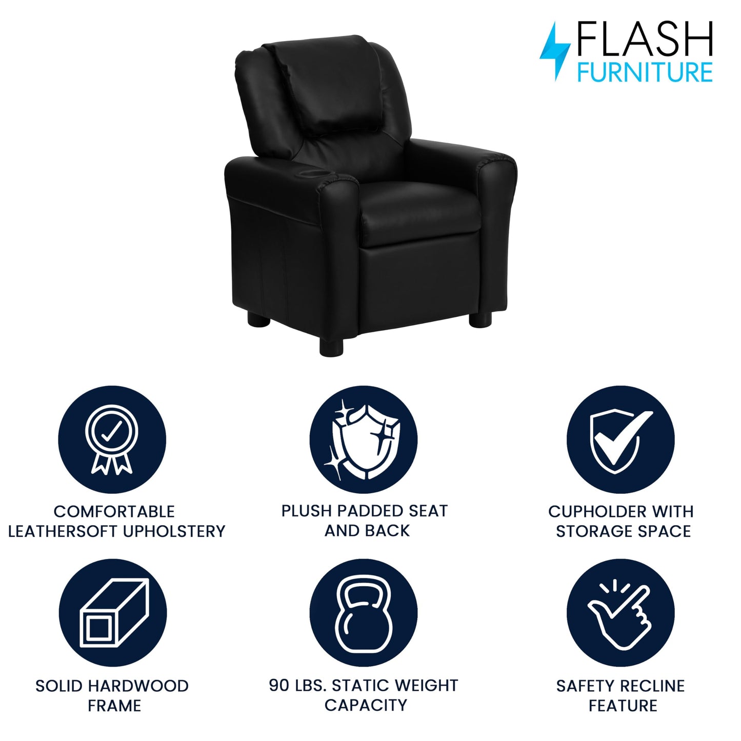 Flash Furniture Vana LeatherSoft Kids Recliner with Cup Holder, Headrest, and Safety Recline, Contemporary Reclining Chair for Kids, Supports up to 90 lbs., Black