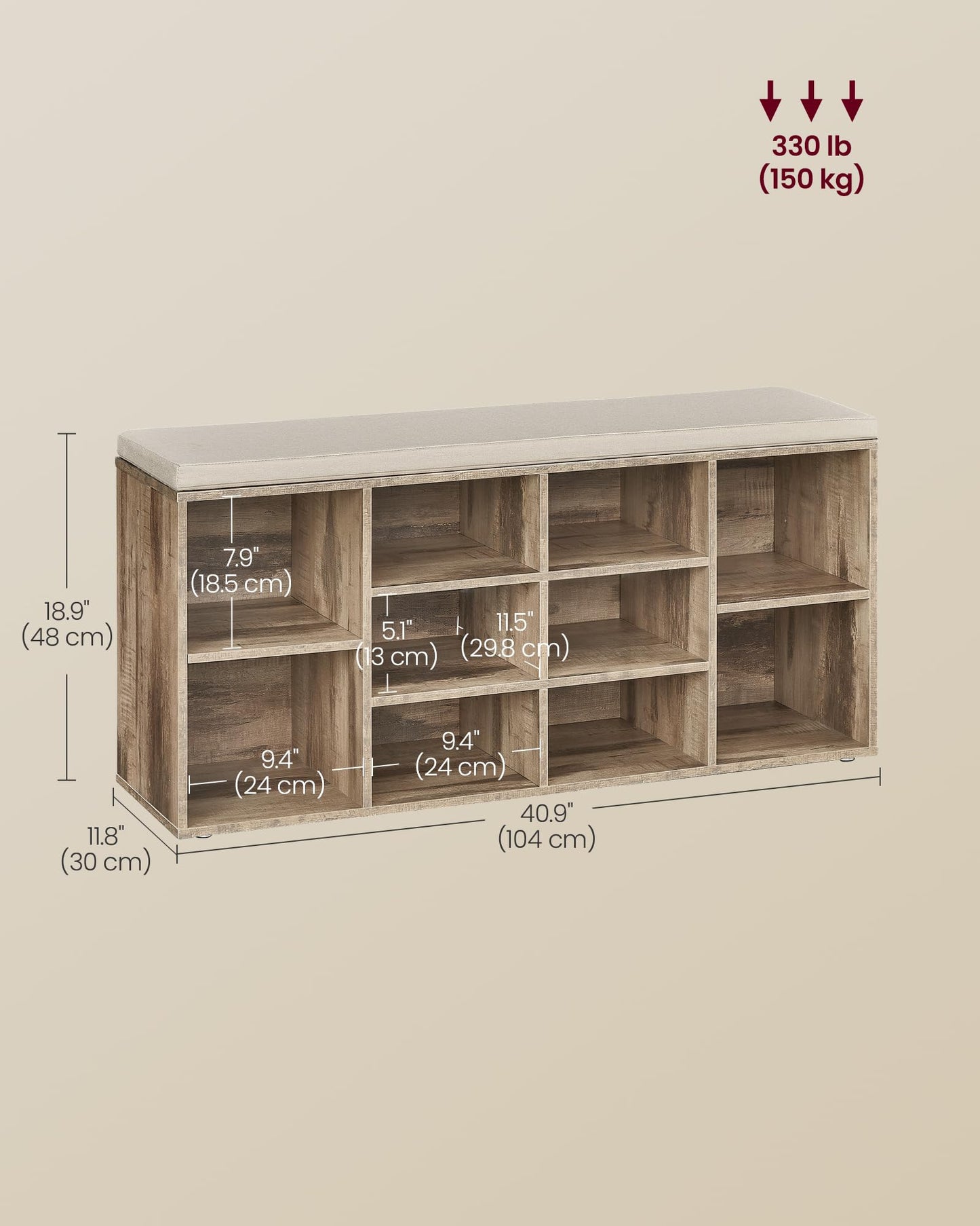 VASAGLE CUSTOS Collection - Shoe Bench, Storage Bench with Padded Seat, Entryway Bench with 10 Compartments, for Bedroom, 11.8 x 40.9 x 18.9 Inches, Camel Brown and Cappuccino Beige ULHS010K02