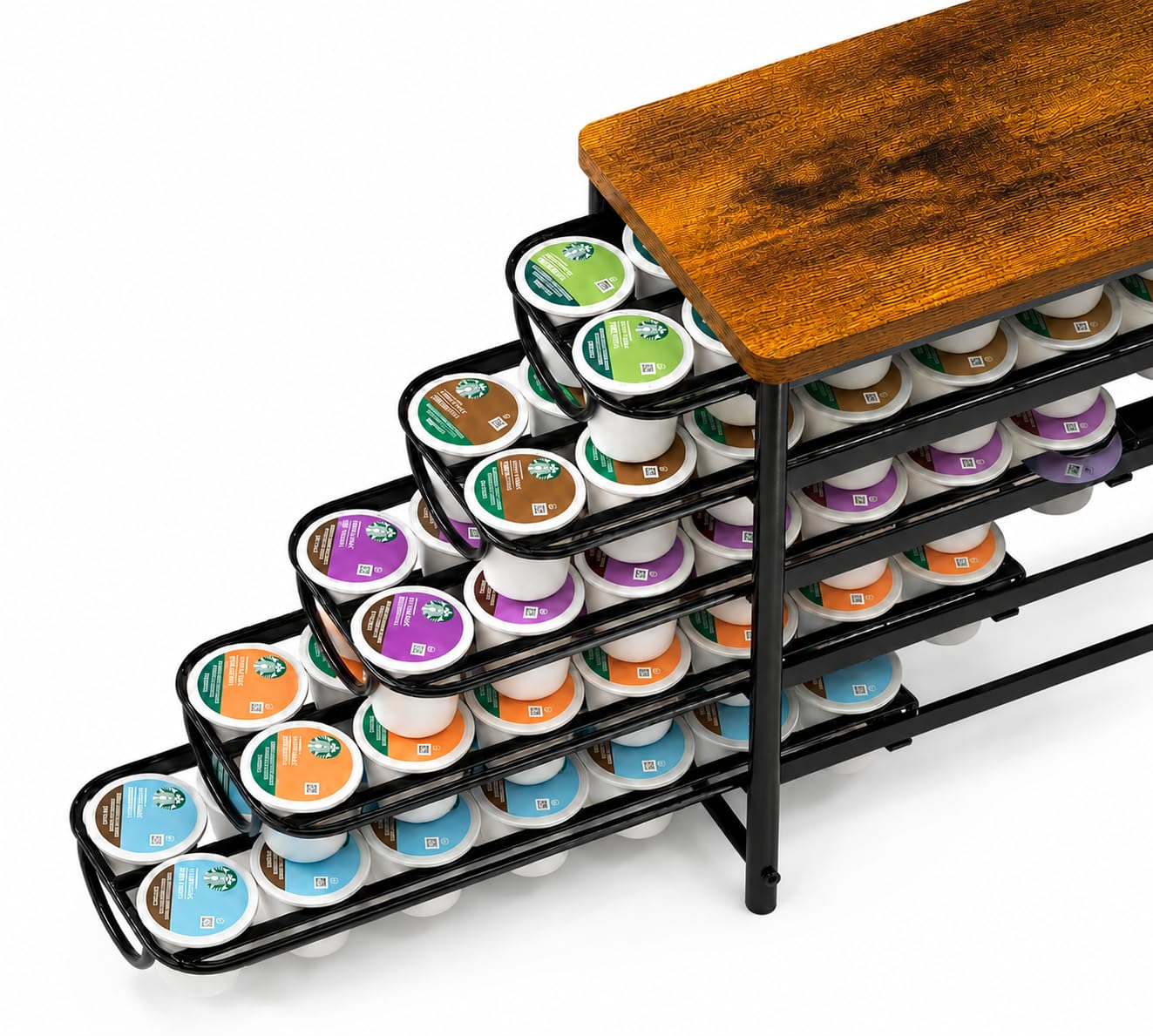 HFHOME Coffee Pod Holder with Wooden Top, Compatible with K-Cups, 5-Tier Coffee Capsule Storage Drawer, 70 Capacity Pods Organizer with 3 Mug Holders, for Home, Office, Kitchen Counter, Black