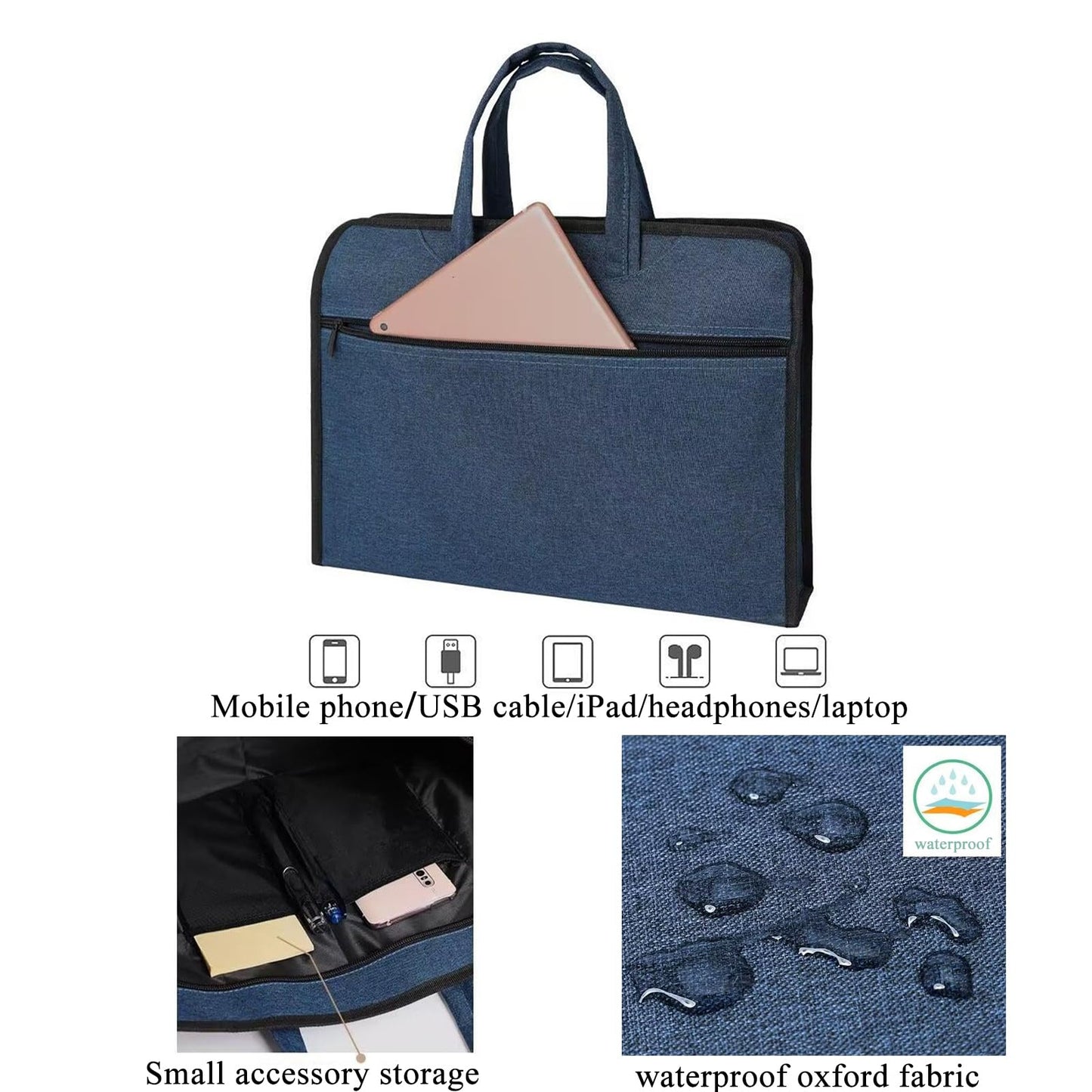 Oxford Zipper Document Bag Portable Document Pouch File Holder Bag for Carry Case Paper Books Laptop Files Carrier (Blue)