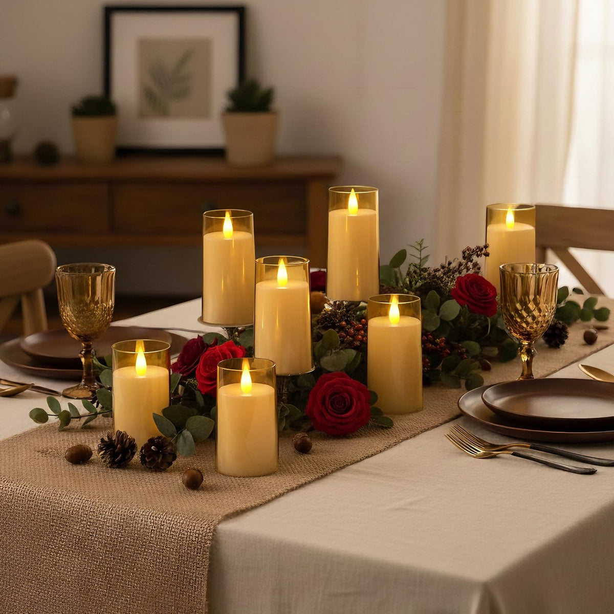 Raycare Flameless Electronic Pillar Candles with Remote Control and Timer- Battery Operated Realistic Flickering LED Fake Candle for Home, Wedding, Valentine's Day Decor, Gold,Set of 2(3"x6"6")