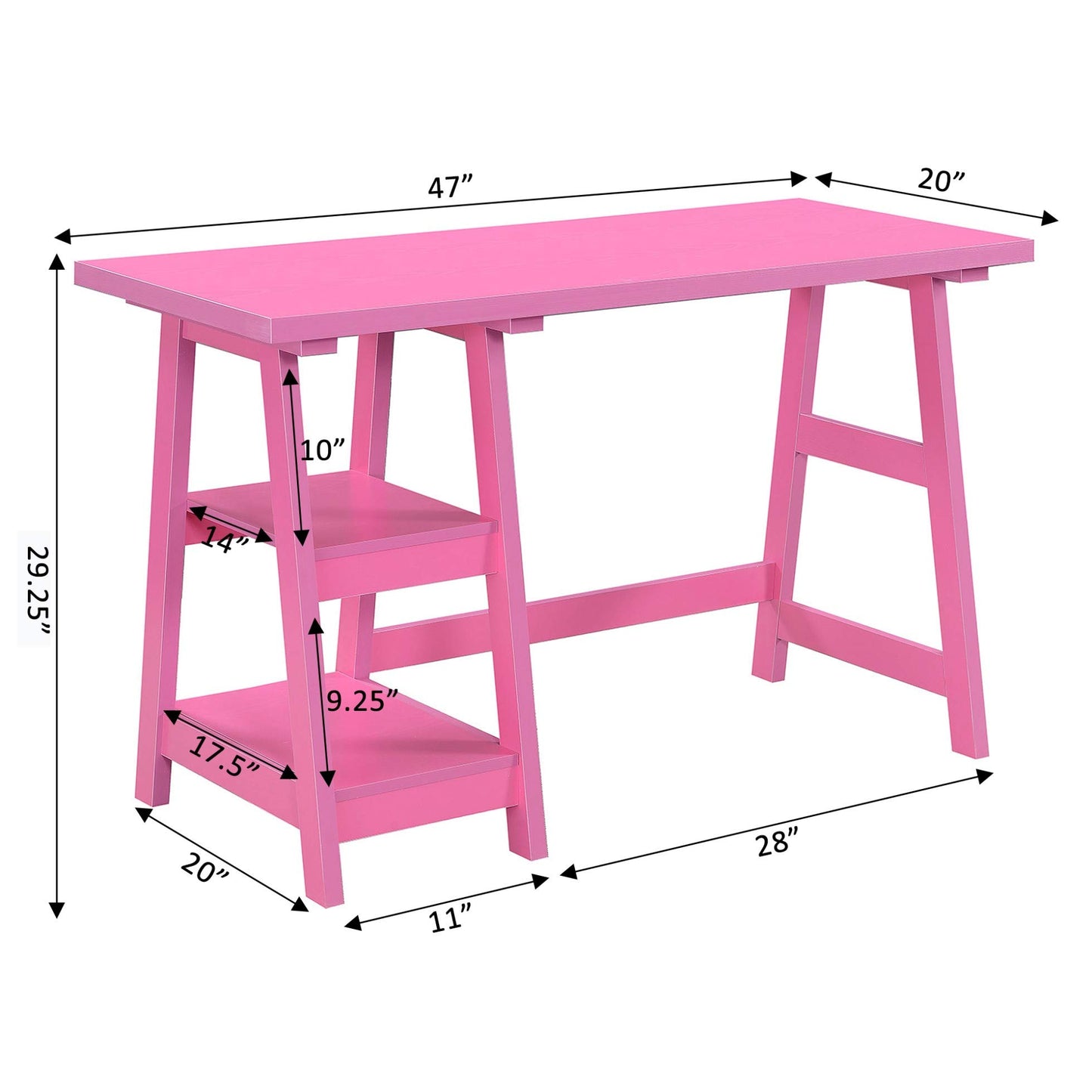 Convenience Concepts Designs2Go Trestle Desk 47" - Modern Desk or Vanity with Shelves, for Office, Dorm, Living Room, Pink