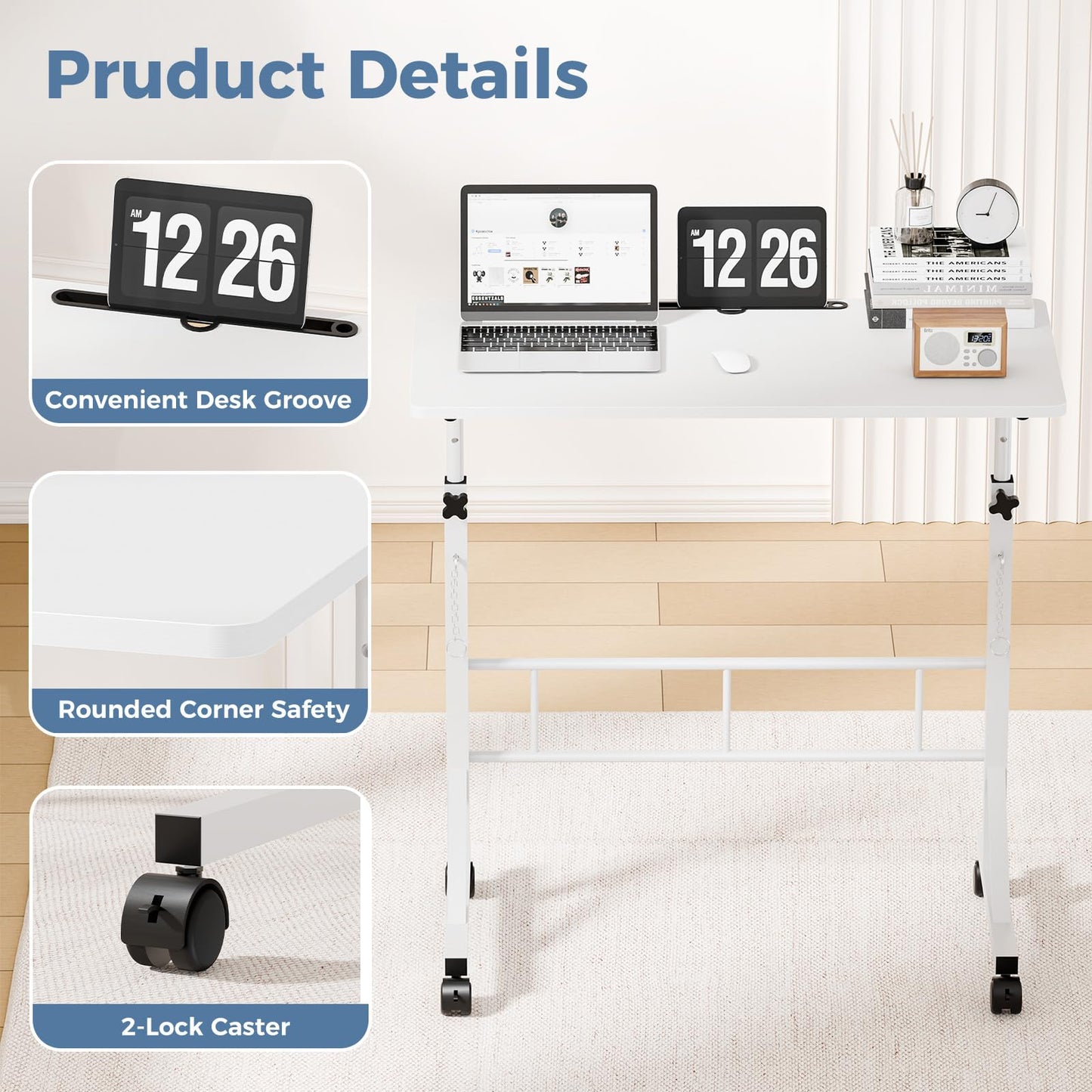 DUMOS 31.5" Adjustable Height Mobile Desk with Locking Wheels & Pin-Lock, Portable Workstation for Walking Pad & Active Home Office, Small Bedroom Desk, White