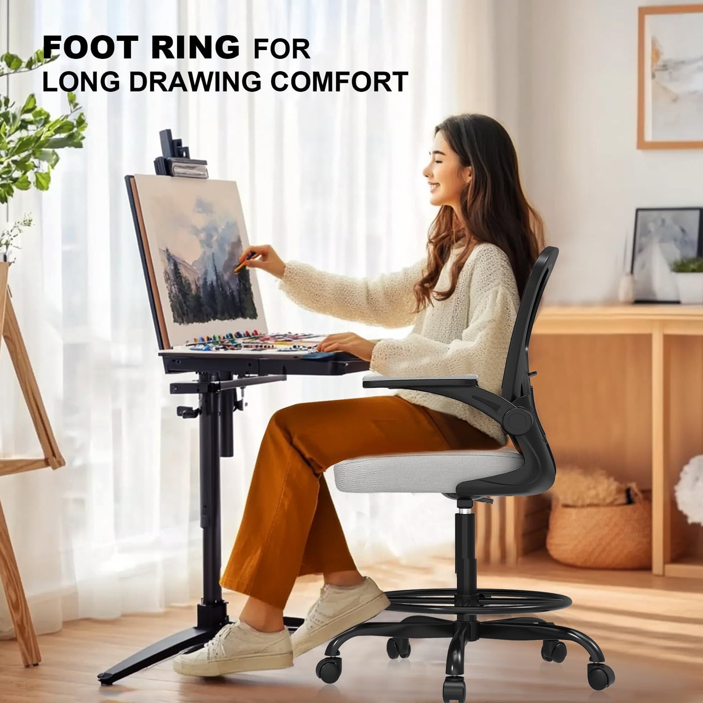 Ergonomic Drafting Chair, Tall Office Chair with Flip-up Armrests, Breathable Mesh High Desk Chair with Lumbar Support Adjustable Footrest Ring for Standing Desk Gray