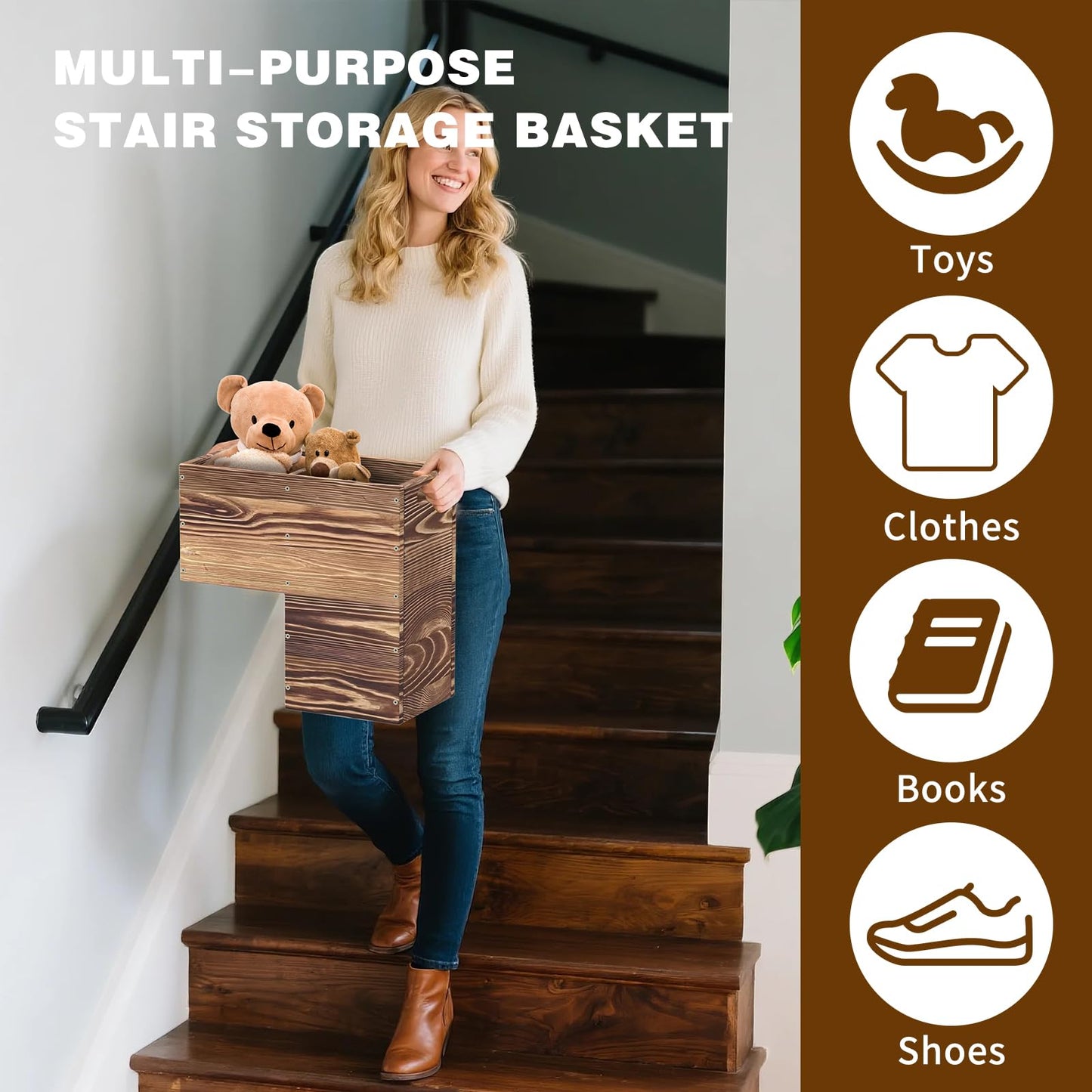 THOOUM Wooden Stair Basket with Handles, 235mm Wide Staircase Basket Organizer for Carpeted & Wooden Stairs