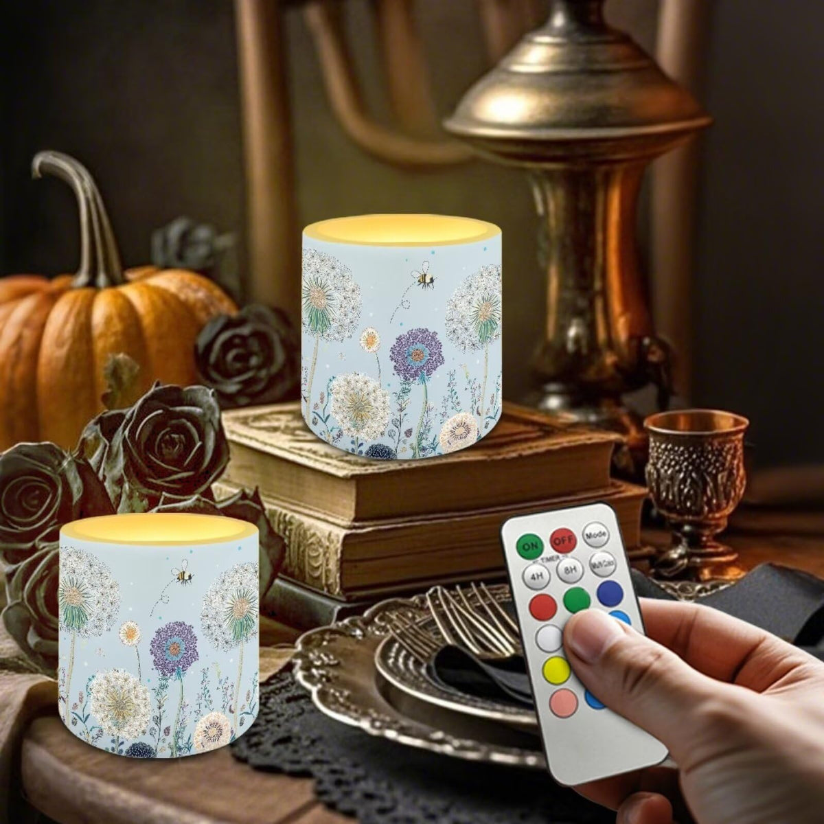 Cozeyat Dandelion Practical LED Flameless Candles Set of 4 Battery Powered with Remote Timer Dancing Flame Waterproof for Indoor Outdoor All Purpose Decor