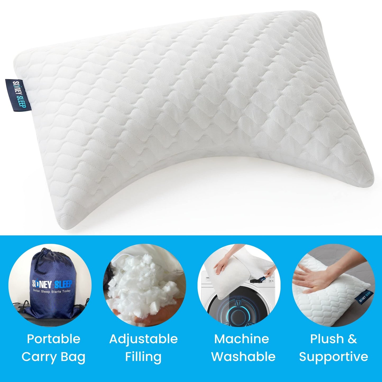 Sidney Sleep Set of 2 Mini Travel Size Neck Pillows - Knee Pillow - Back Lumbar Support - Curved Bed Pillow - 14 x 19 Inches - Adjustable Loft - Carry Backpack Included (White 2 Pack Mini)