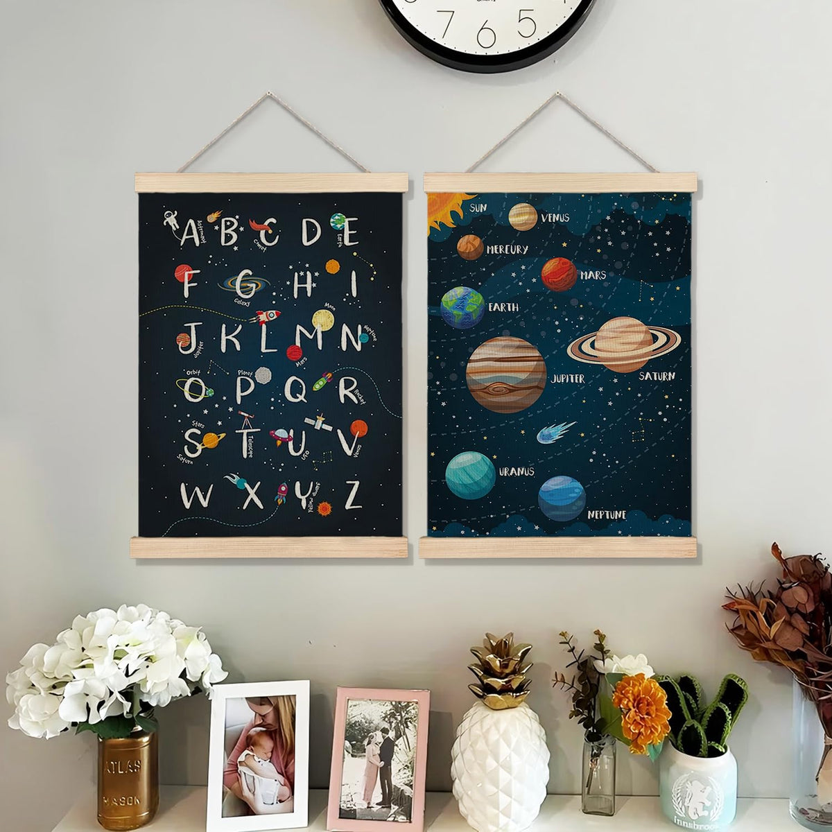 BearCake Nursery Playroom Classroom Toddler Space Solar System Alphabet Learning Kids Posters Wall Decor Art,Kids Room decor,12x16 Inch Set of 2