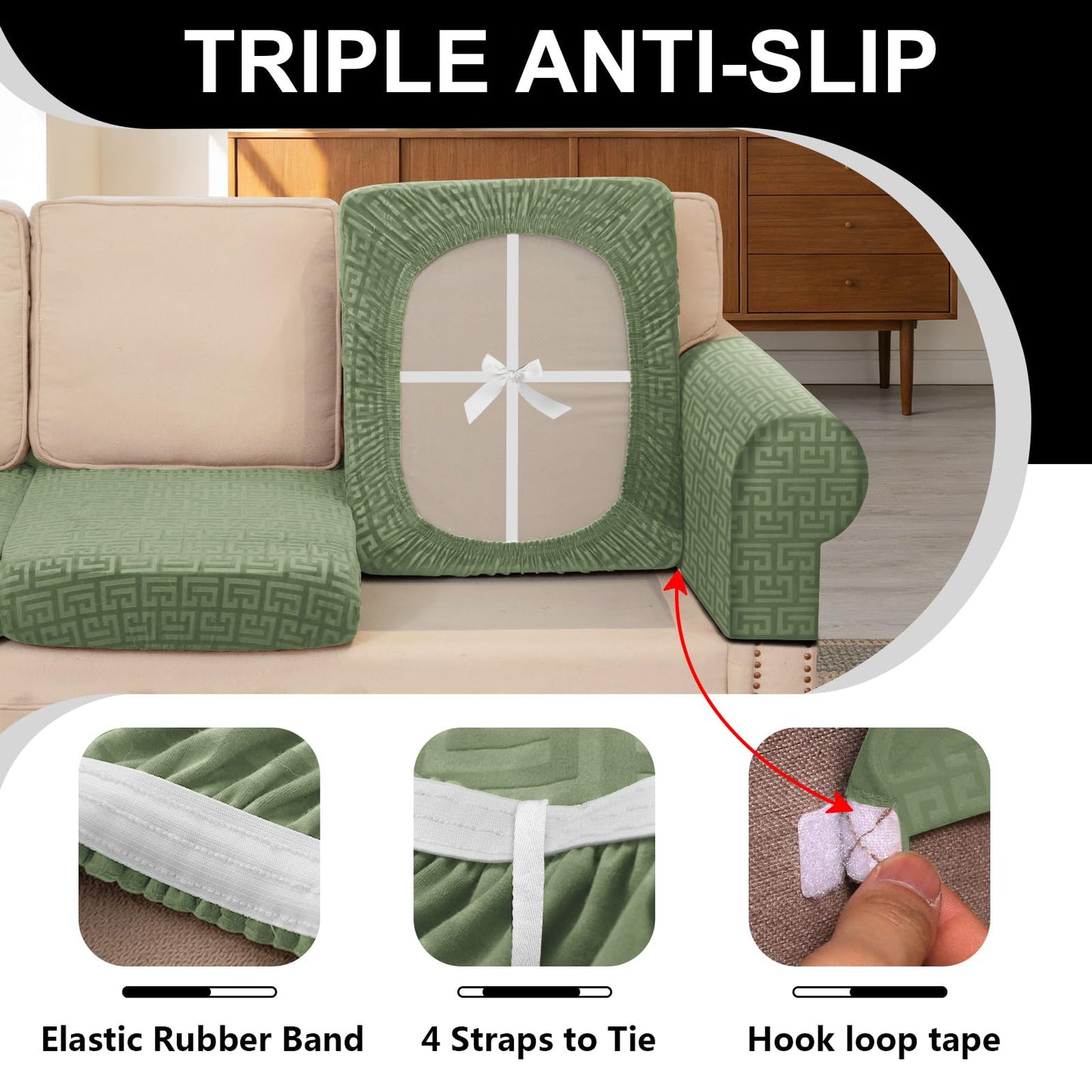 UNBBRRL 10 Pieces Stretch Sofa Cushion Covers for U-Shaped Modular Sectional Couch with 4 Seats+4 Backs+2 Arms, Upholstered Covers for Sofa Bed with Deep Double Chaise (Avocado,10 Pieces Set)