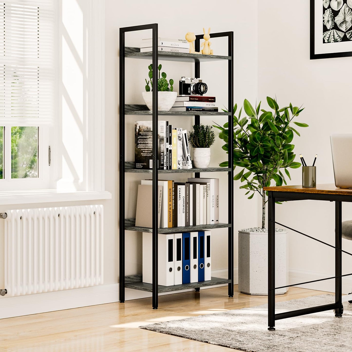 NUMENN Bookshelf, 5 Tier Bookshelves, Home Office Bookcase Shelf Storage Organizer, Free Standing Storage Shelving Unit for Bedroom, Living Room and Home Office, Dark Grey