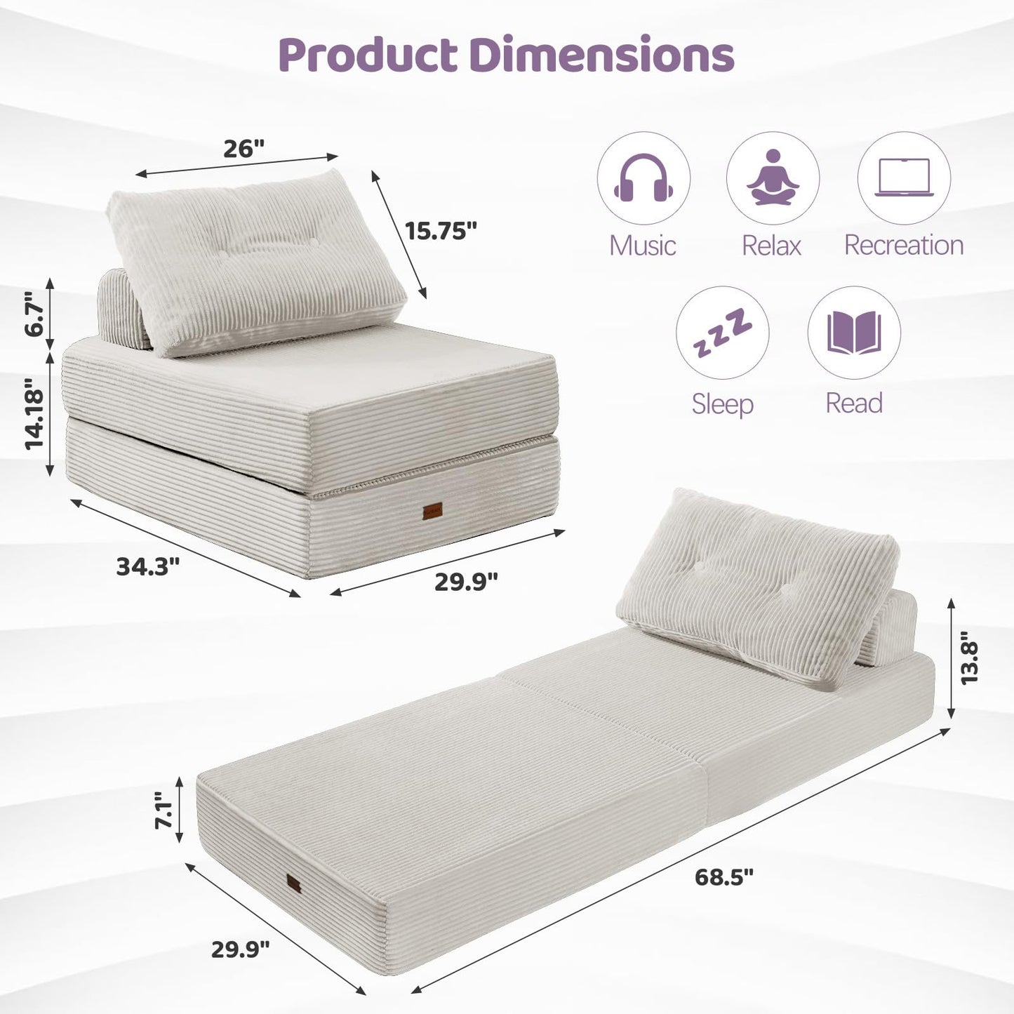 PIASHJOY Folding Sofa Bed Chair, Sleeper Chair with Pillows,Boneless Couch Sectional with High-Density Foam, Corduroy Fabric Couch,Foldable 3 in1 Mattresst for Small Space,Single, Silver Gray