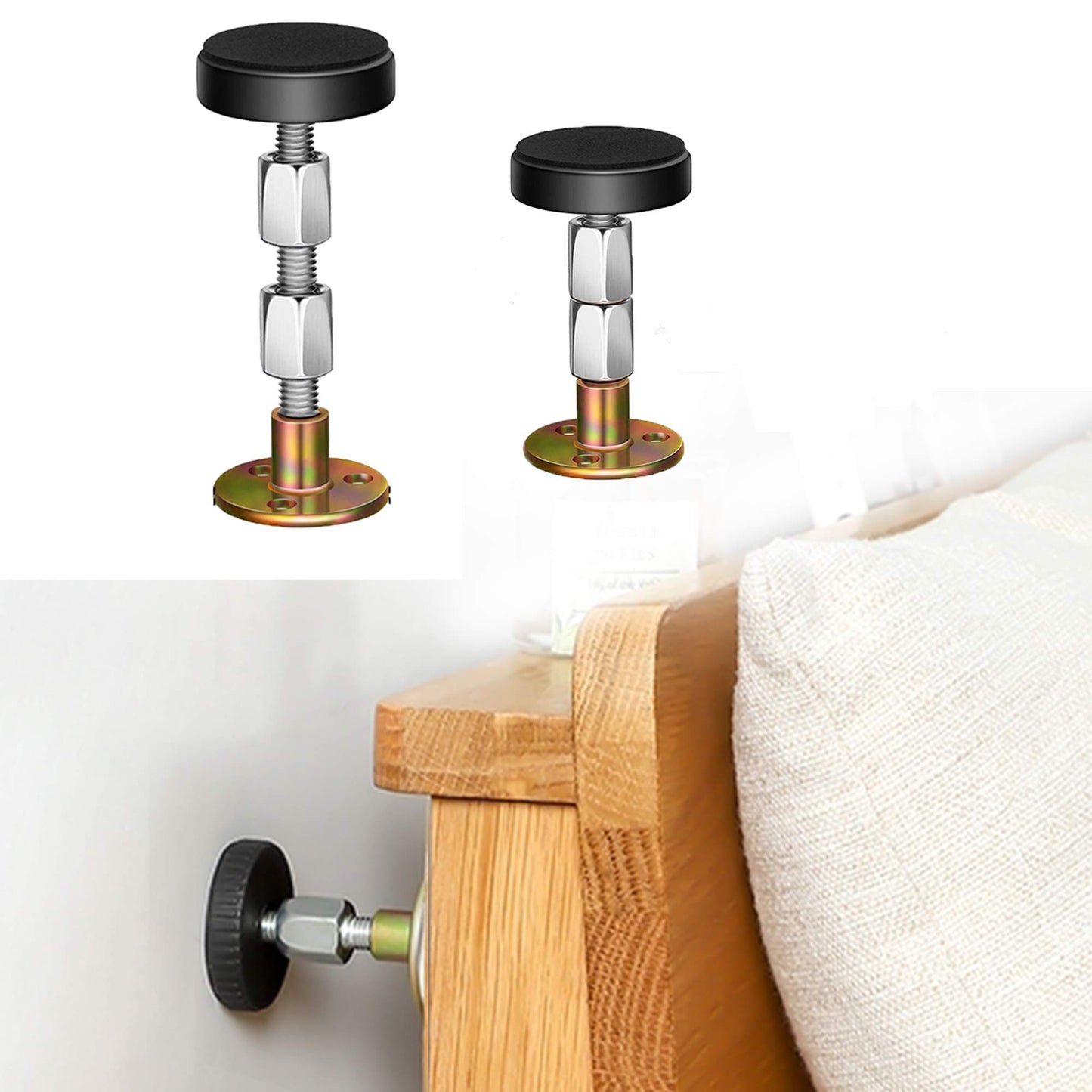 Krisler Headboard Stoppers for Wall, Adjustable Iron Bed Frame Anti-Shake Tool, Easy Install, Wall Protection,30-90mm(2PCs)