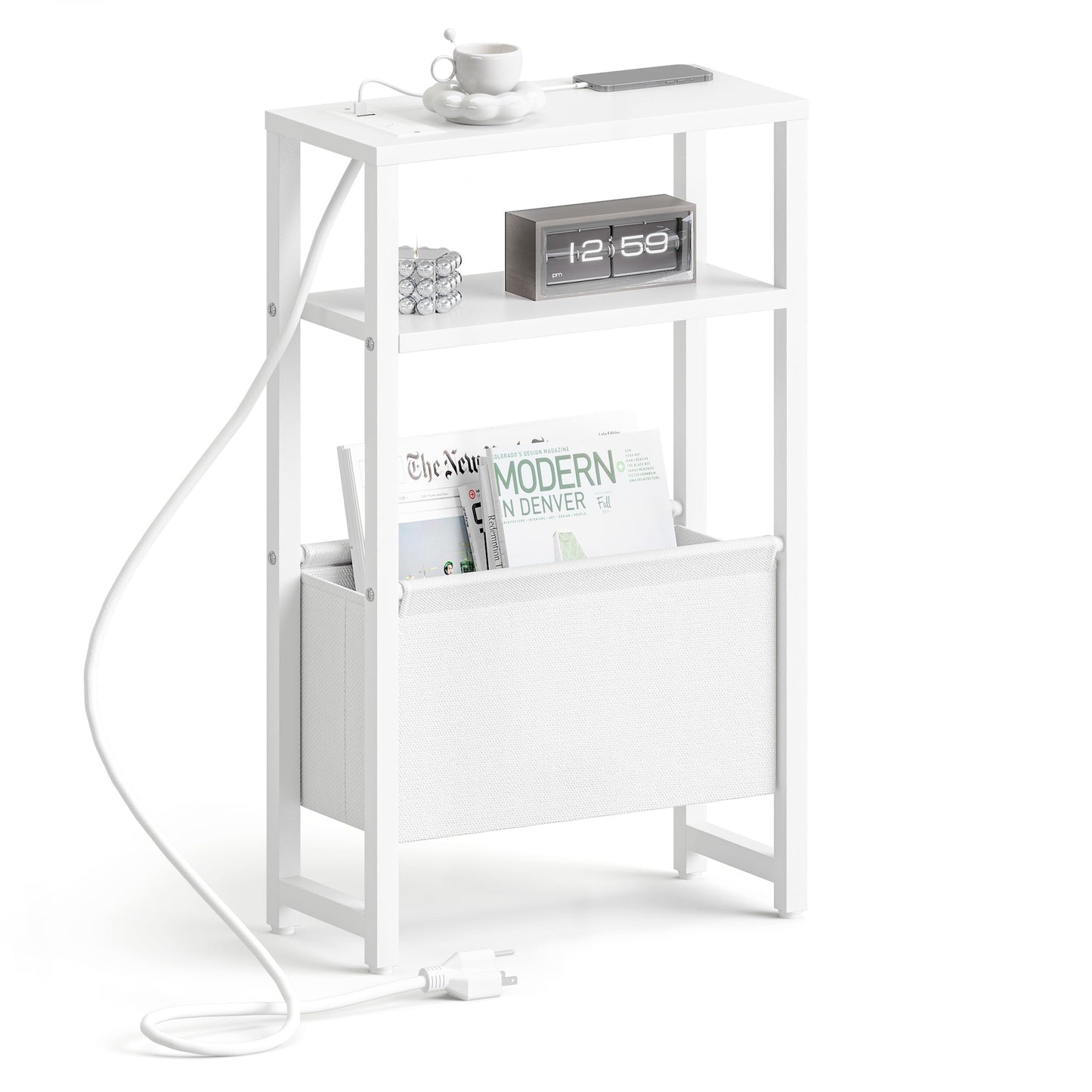 IRCPEN Narrow Side Table with Charging Station Slim End Table Sofa with Magazine Rack, Bedside Table for Small Spaces, 3 Tier Nightstand for Living Room Couch, Bedroom White LET503WE