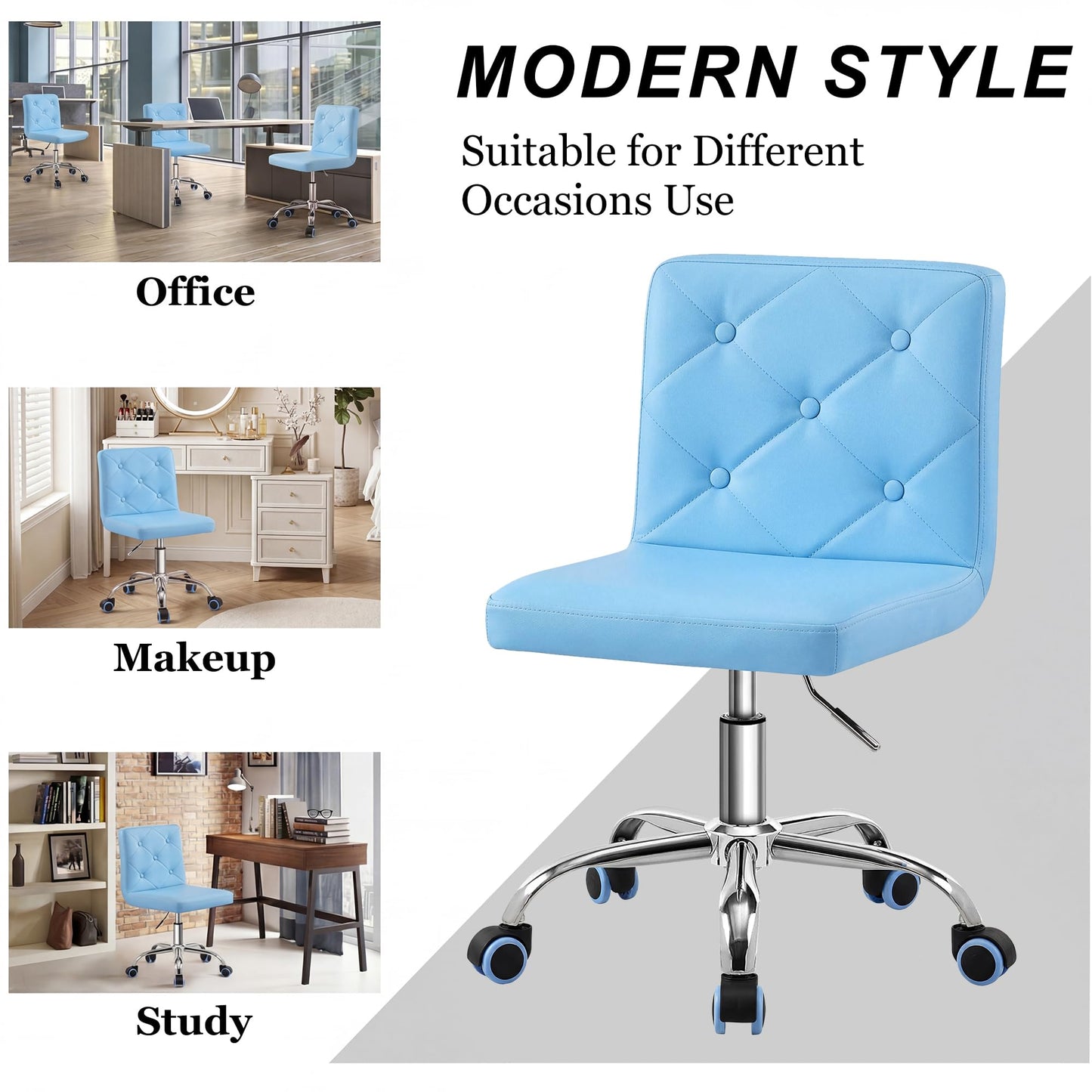 VECELO PU Leather Mid-Back Armless Vanity Chair Adjustable Height 360° Rolling Swivel for Home Office Work