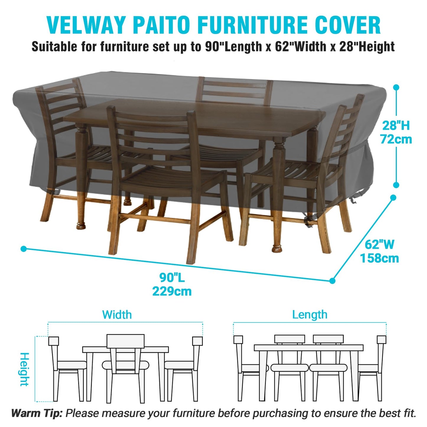 Velway Patio Table Chairs Set - Square Waterproof 90"L x 62"W x 28"H Outdoor Bistro Dining Set - Fire Pit Table Cover - Furniture Cover - Small Rectangle Ultra Windproof UV-Resistant
