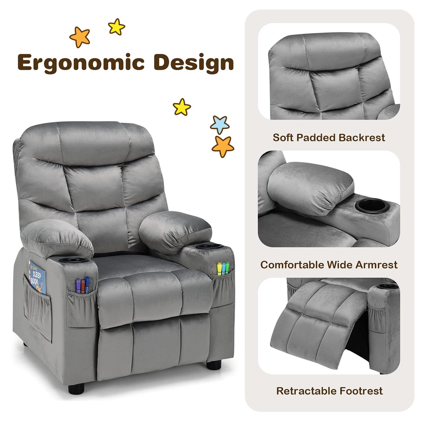 Costzon Kids Recliner Chair with Cup Holder, Adjustable Velvet Lounge Chair w/Footrest & Side Pockets for Children Boys Girls Room, Ergonomic Toddler Furniture Sofa Gifts, Kids Recliner (Gray)