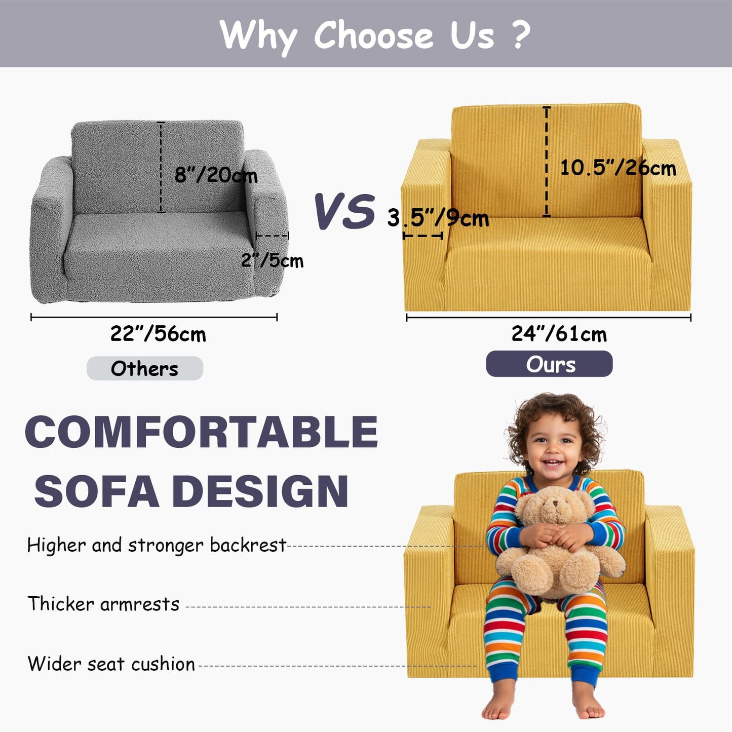 Tiita 2-in-1 Kids Sofa, Convertible Children Couch to Lounger, Flip Out Kids Chair, Toddler Armrest Chair Bed, Folding Kid Play Sofa for Girl or Boy, Corduroy Ginger Yellow