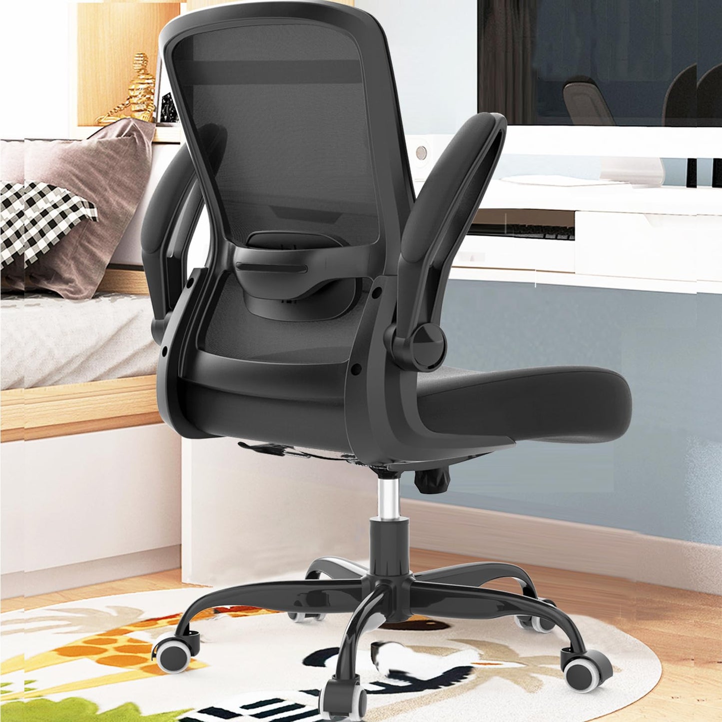 Mimoglad Ergonomic Office Chair - Desk Chair with Flip-up Armrests & 135° Recline, Adjustable Lumbar Support - Space-Saving Task Chair for Business/Team Office & Home (Black, 350lbs)