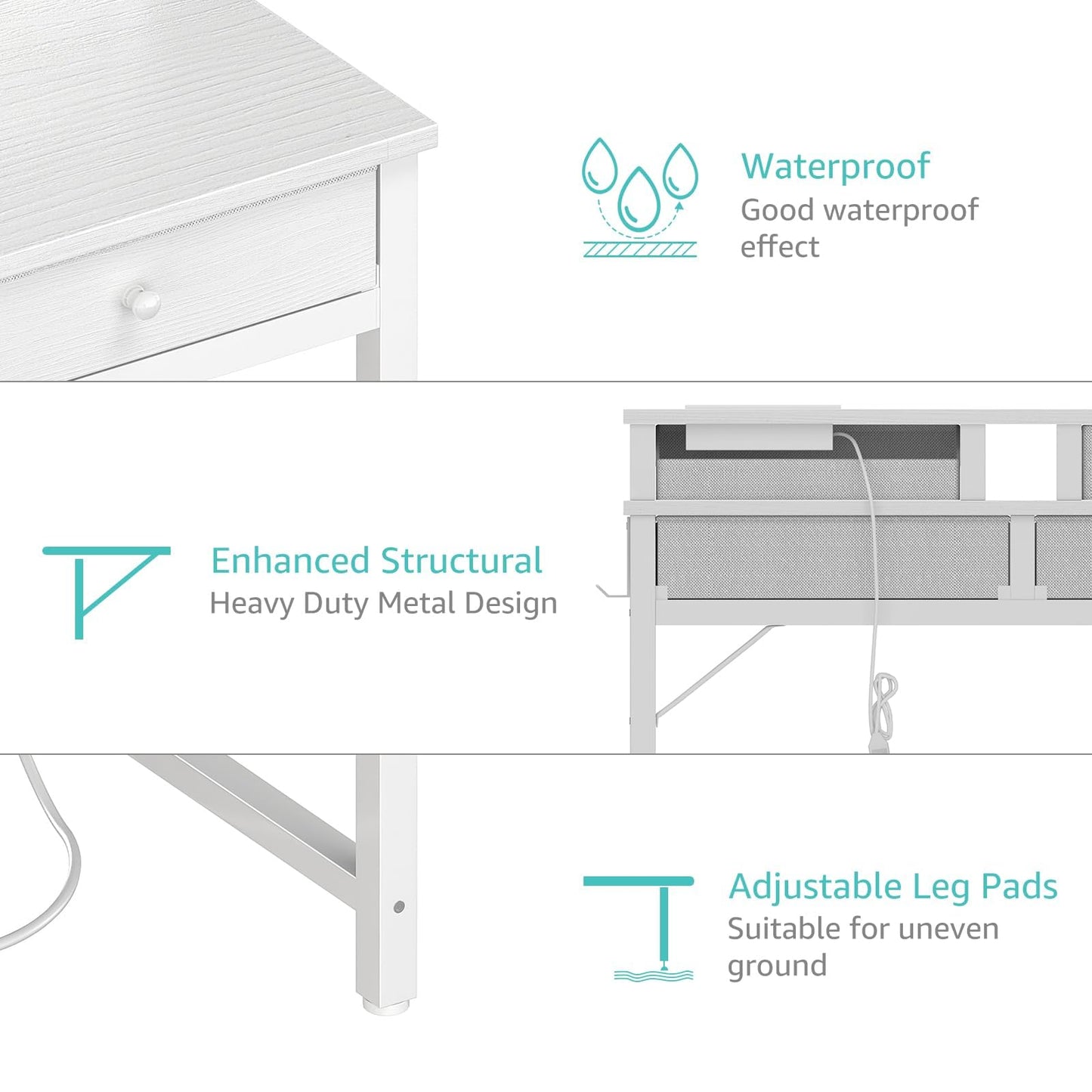 Lufeiya Small White Kids Desk with Fabric Drawers for Bedroom, 32 inch Vanity Makeup Desk with Drawers Storage for Home Office, Writing Study Table with Power Outlet & Monitor Stand, White