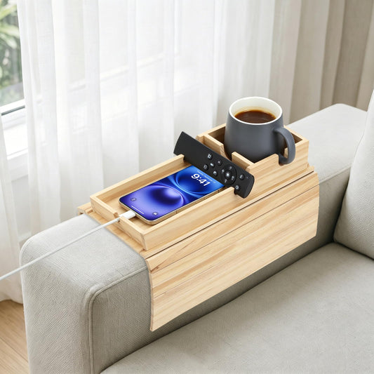 Bamboo Wood Sofa Armrest Tray, Couch Arm Tray with Detachable Couch Cup Holder, 2 in 1 Anti-Slip Foldable Sofa Armchair Caddy Table for Tea TV Remote Cellphone Snacks
