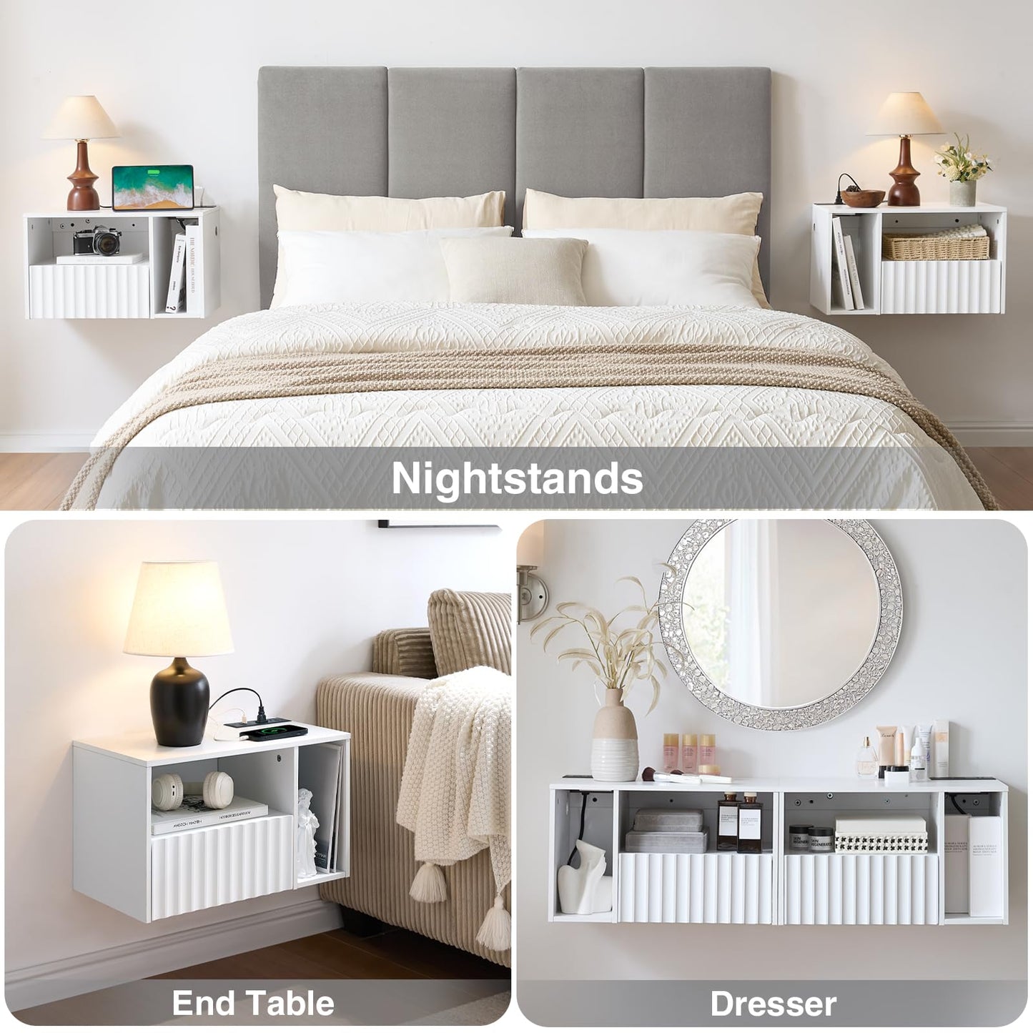 BuildHom Modern Matte White Fluted Floating Nightstand with Charging Station, NightStand with Drawers, Bedside with USB Ports and Outlets, Bedroom Furniture (Right)
