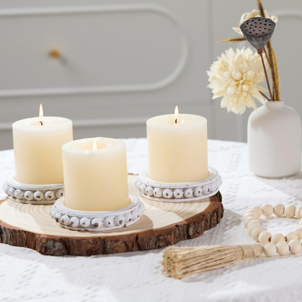 THORNIA Wooden Candle Holders for Pillar Candles, Set of 3 Wood Beaded Plate with Metal Cup Inserts, 4 Inch Rustic Farmhouse Tray Stand for Fireplace Mantel, Table Centerpiece Decor - White