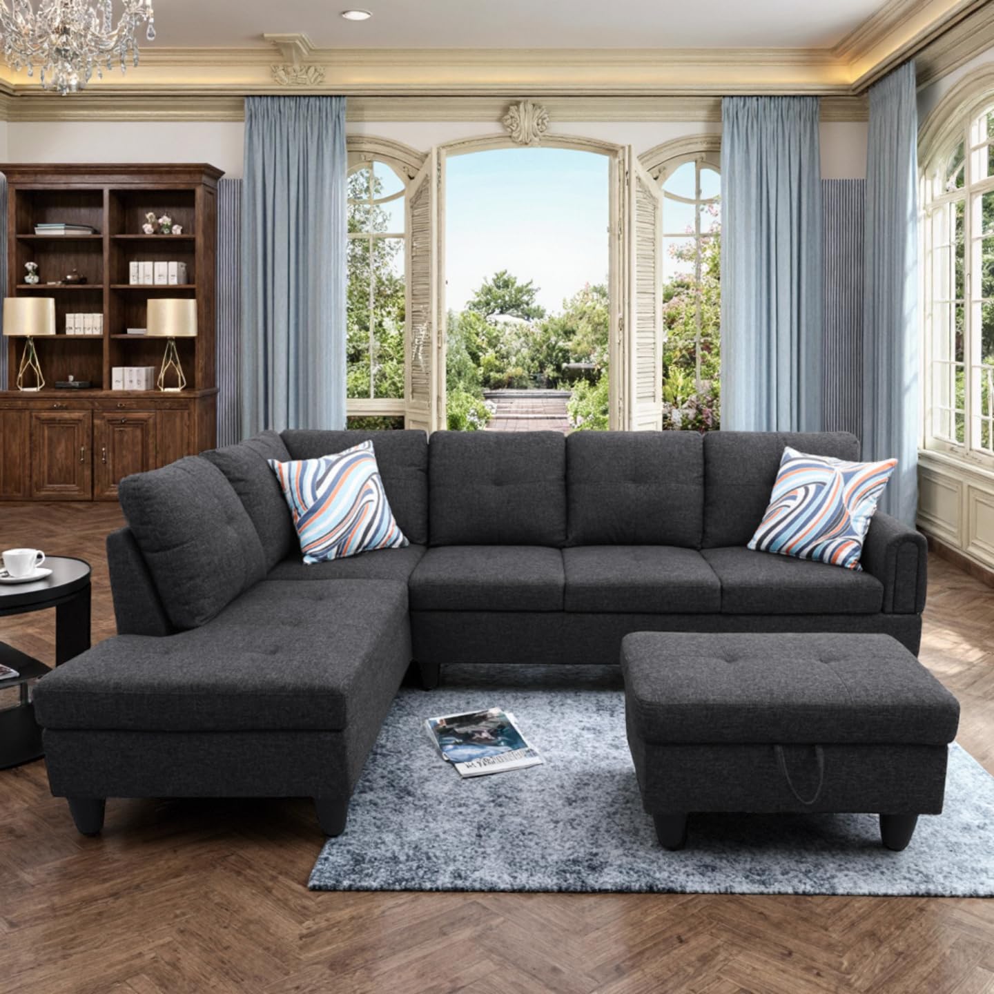 Trygoal 97" L Shaped Couch Sectional Couches with Chaise and Storage Ottoman, 3 Pieces Modular Convertible Sofa for Living Room Furniture Sets and Small Apartment, Black Grey