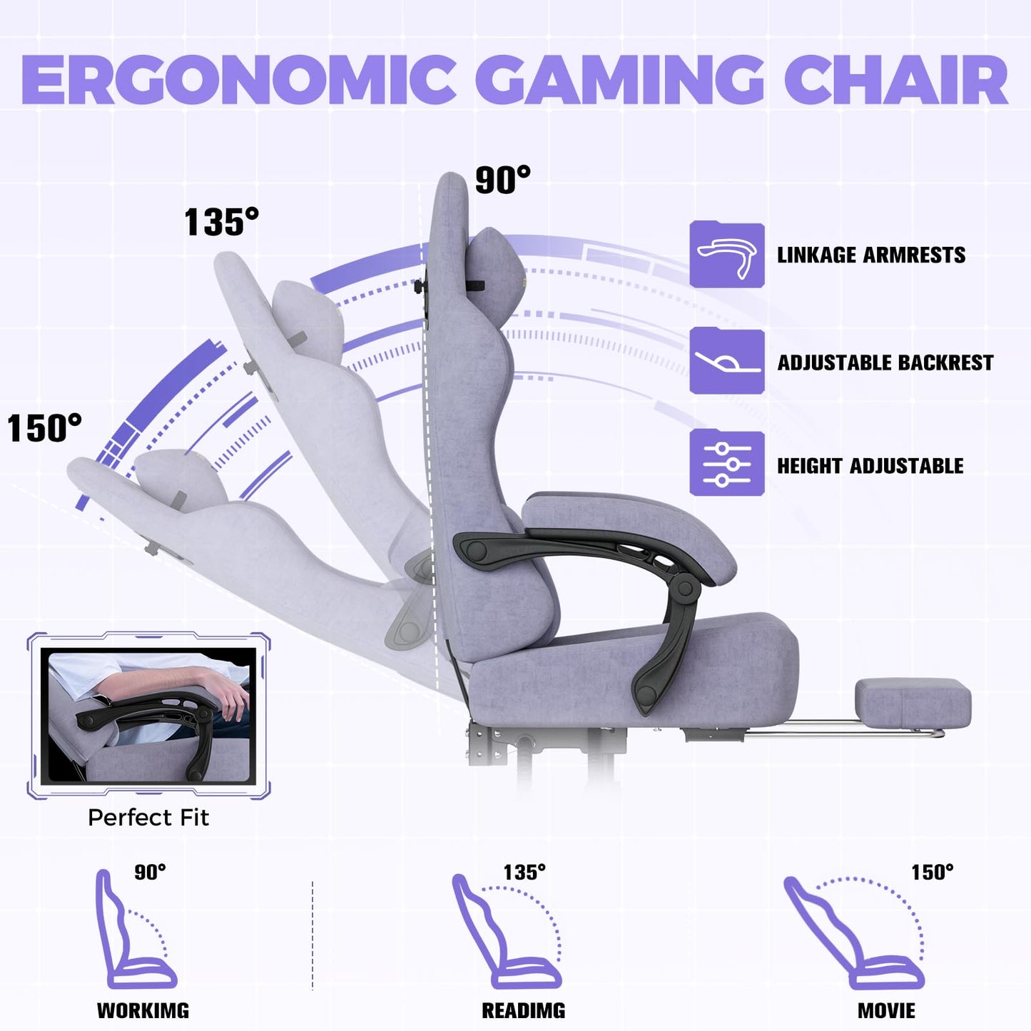 GTPLAYER Big and Tall Gaming Chair 400lbs Heavy Duty Office Chair with Foot Rest, High Back Pocket Spring Ergonomic Computer Chair for Adults, Wide Seated Cushion with Linkage Armrests, Macaron Purple