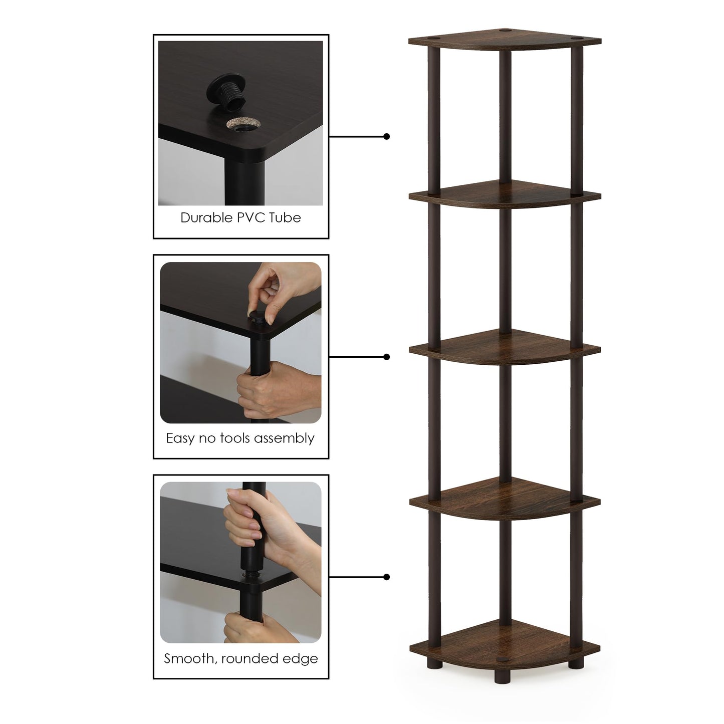 Furinno TURN-N-TUBE Corner Shelf, 5-Tier Corner Bookshelf, Open Storage Shelves, for Organization and Storage, Living Room, Home Office, Garage, Bedroom, Walnut