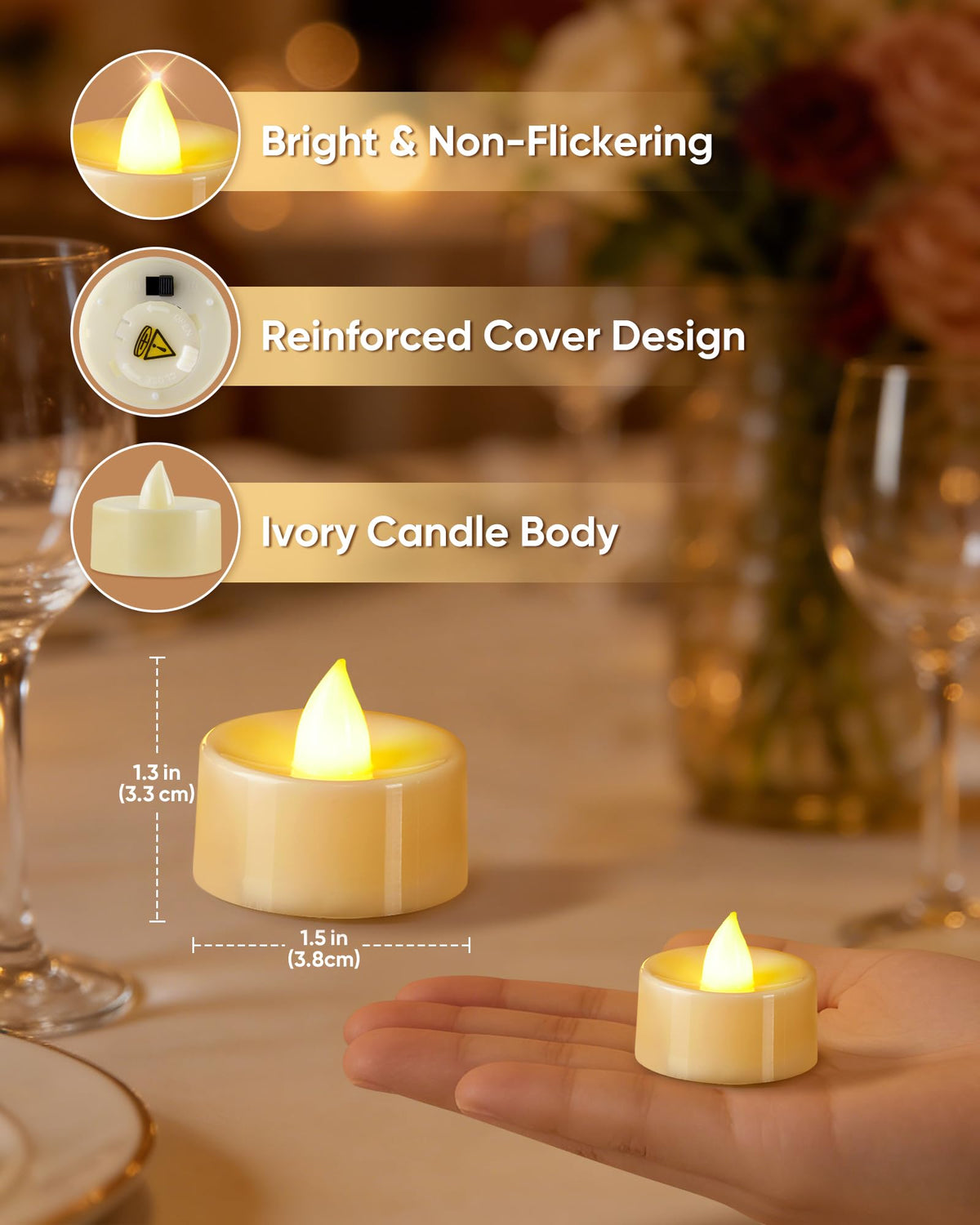 BEICHI Flameless Candles, 50 Pack Tea Lights Battery Operated, No Flickering Votive Candles LED Tea Lights for Halloween Christmas Wedding Home- Warm White, Ivory Base