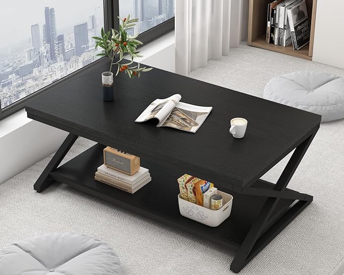 HSH Black Coffee Table Modern, 47 Inch Simple Rectangle Cocktail Table