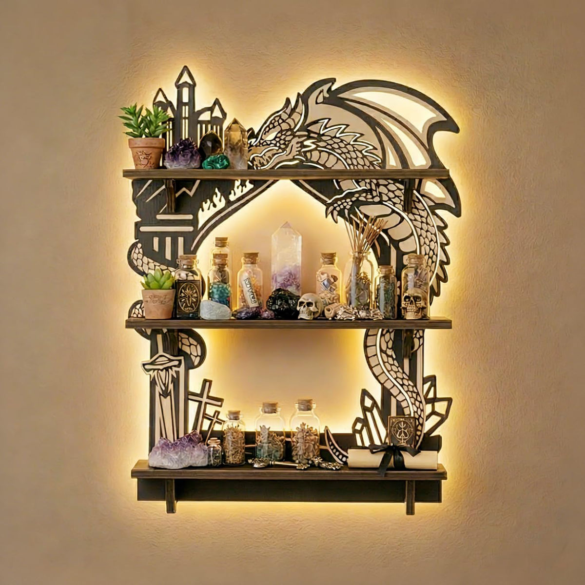 FNYDOX Wooden Dragon Shelf, Gothic Trinket & Knick Knack Shelves, Witchy Fantasy Dragon Decor with LED Light, Floating Shelf for Crystals Rocks Gems Healing Stones Display, Essential Oil Wall Shelf