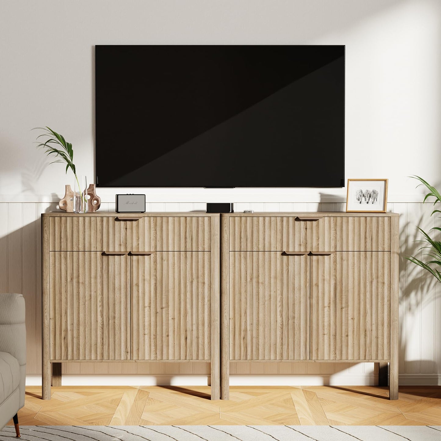 Fluted Buffet Cabinet with Storage - Modern Sideboard Accent Credenza with Doors & Drawer Wood Console Coffee Table Bar Counter for Living Room Kitchen Dining Room Entryway, Easy Assembly 31" Oak