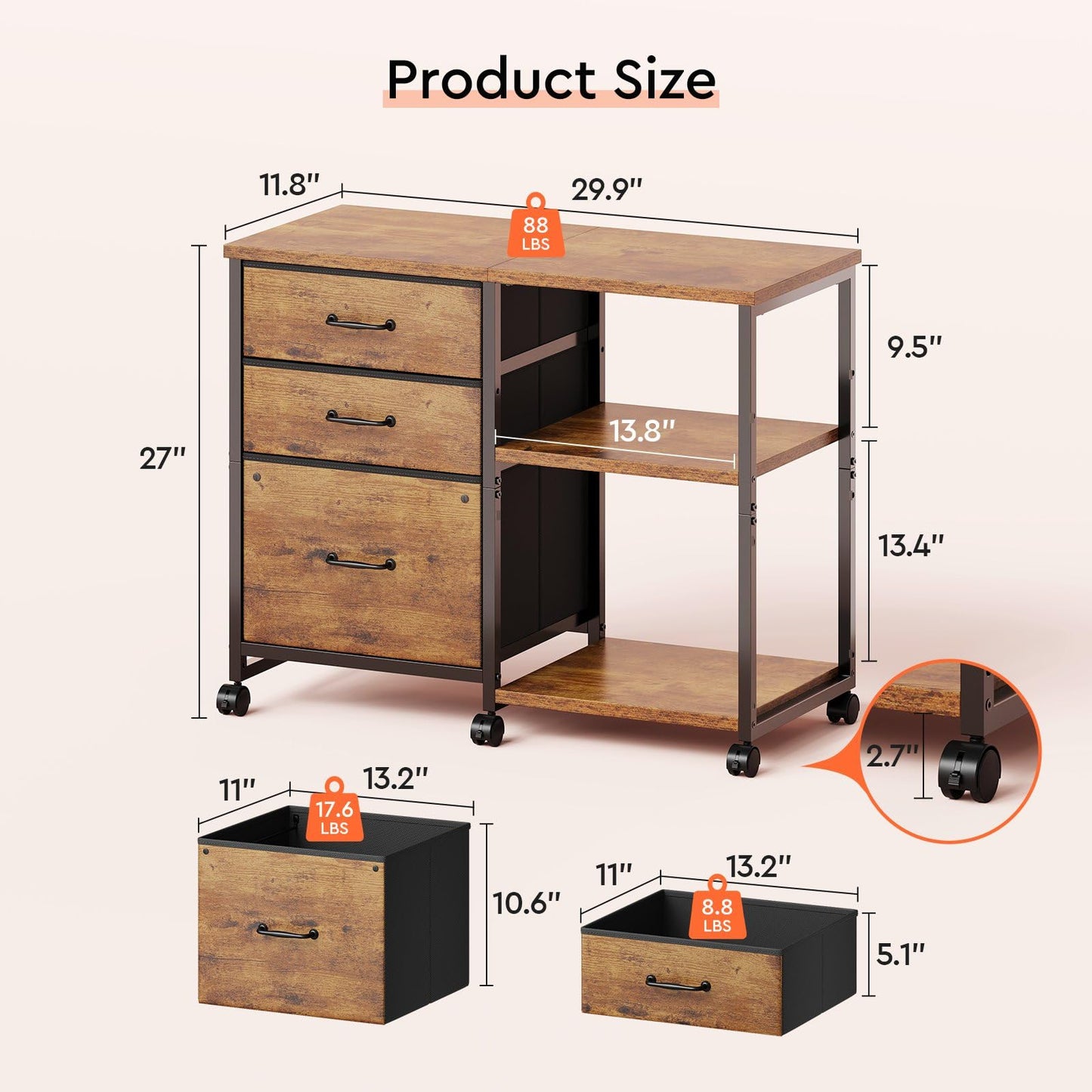 Maihail 3 Drawer File Cabinet with Wheels Rolling Printer Stand with Open Storage Shelf Fabric Lateral Filing Cabinet for Home Office,Rustic Brown2