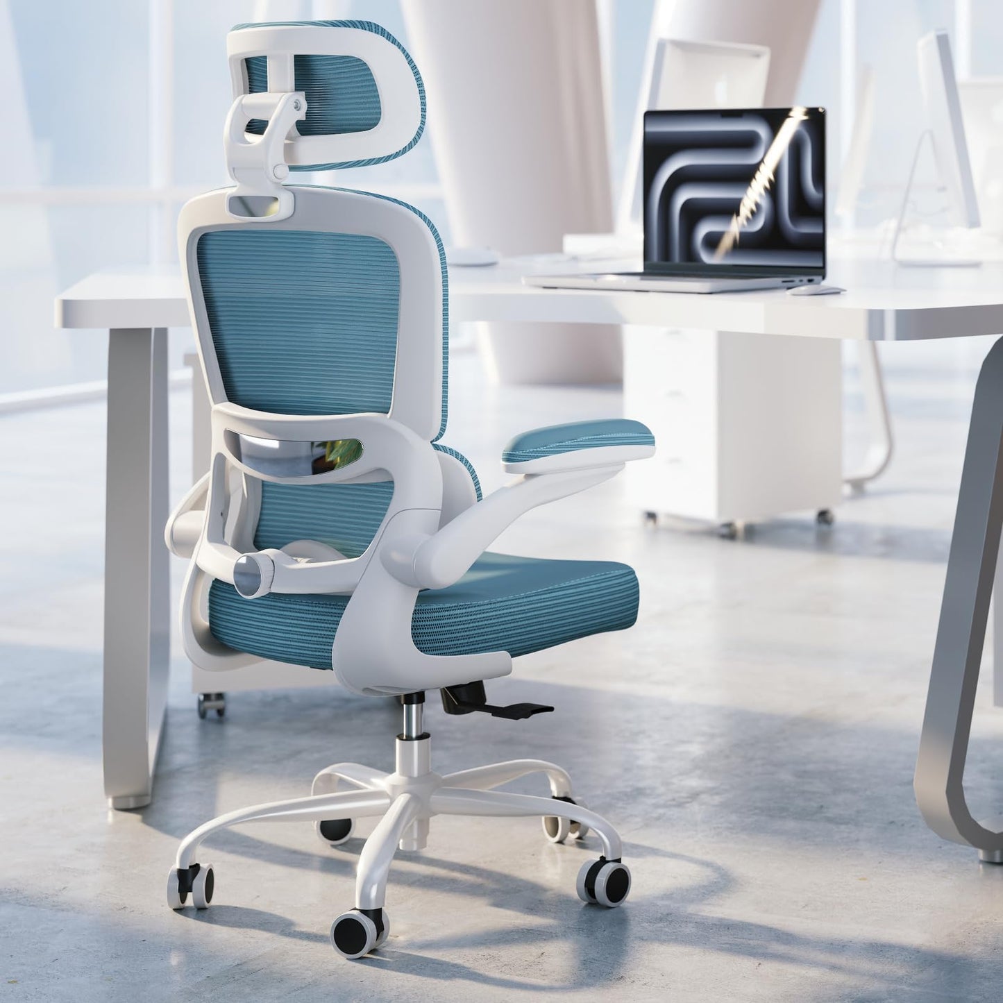 TRALT Ergonomic Office Chair - Desk Chair with Adjustable Headrest Lumbar Support Computer Chair - Mesh Comfy Chair with Flip-up Armrests - Gaming Chairs for Adults Home Office (PU Leather, Blue)
