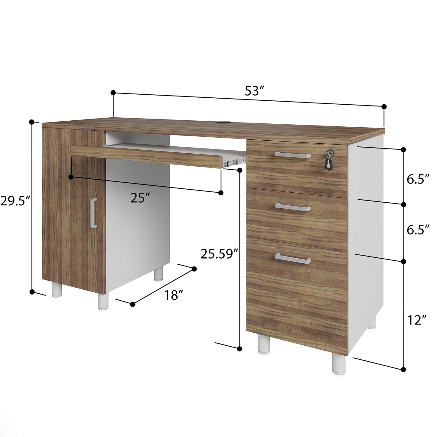 Modern Design Venice Computer Desk with Lockable Drawers, 53 Inch Home Office Desk with Storage Cabinet, Keyboard Tray & Cable Management, Modern Study Writing Desk for Small Spaces, Walnut and White