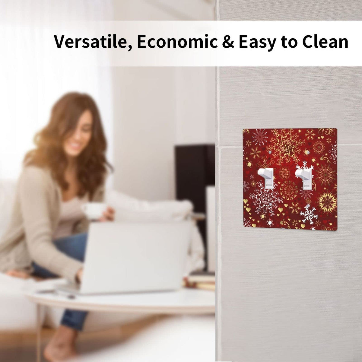 Winter Snowflake Red Sparkle Christmas Pattern Double Gang Toggle Light Cover Decor Wall Plate/Switch Standard Size