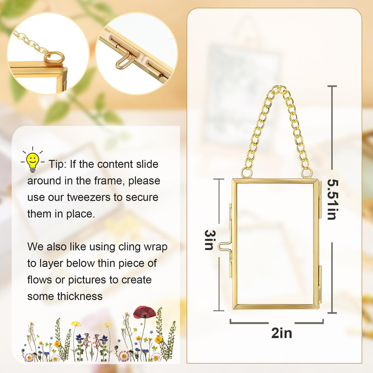FOCHIER F 4 Pcs Pressed Flower Frame with Tweezers, Wall Hanging Tabletop Display Double Glass Frames with Metal Chain for Pressed Dried Flowers Plants, Horizontal and Vertical Picture Frame, Gold, FRAMES ONLY