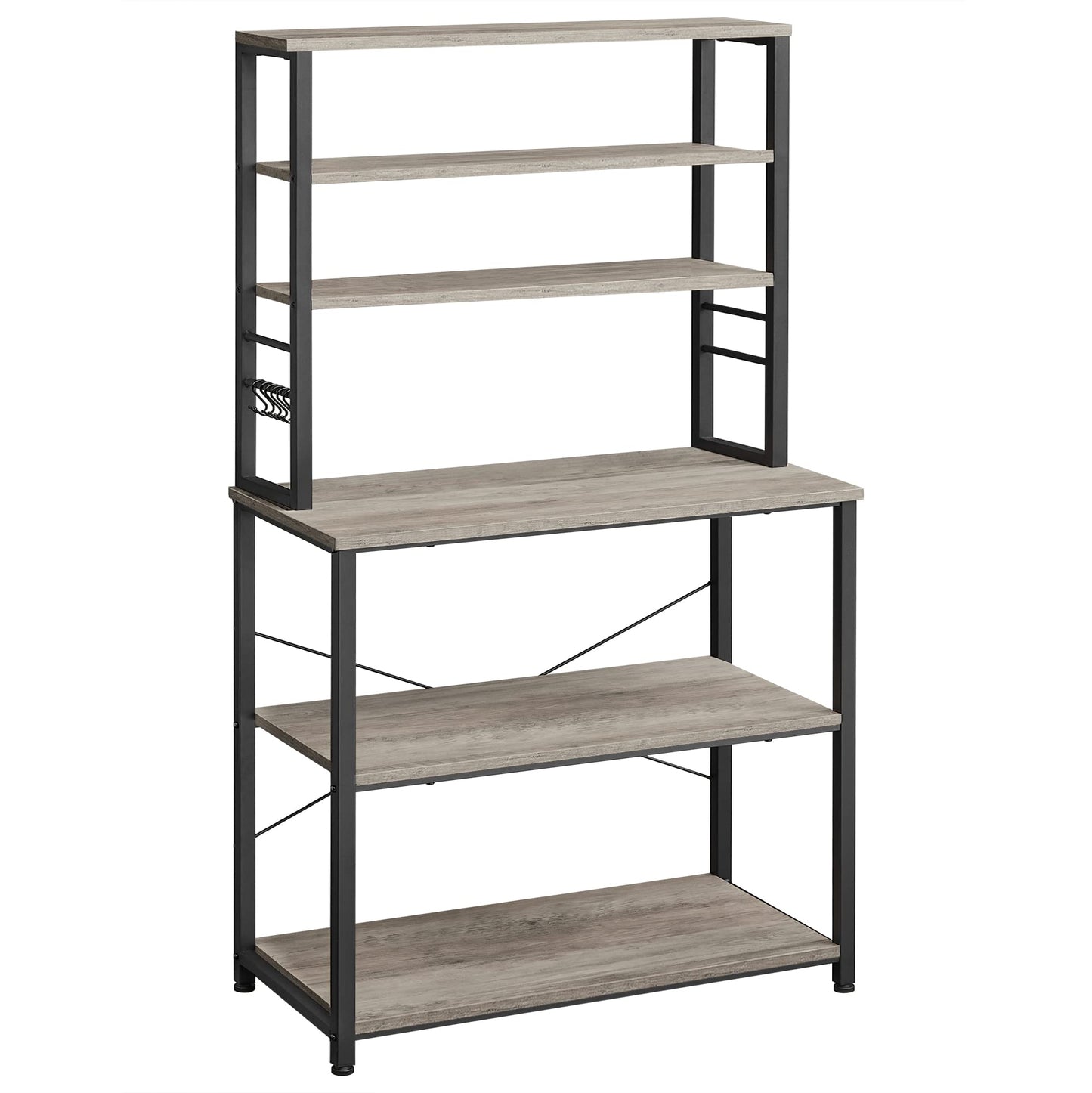 VASAGLE Coffee Bar, 31.5 Inches Baker's Rack for Kitchen with Storage, 6-Tier Kitchen Shelves with 6 Hooks, Microwave Stand, Industrial, Heather Greige and Ink Black UKKS019B02
