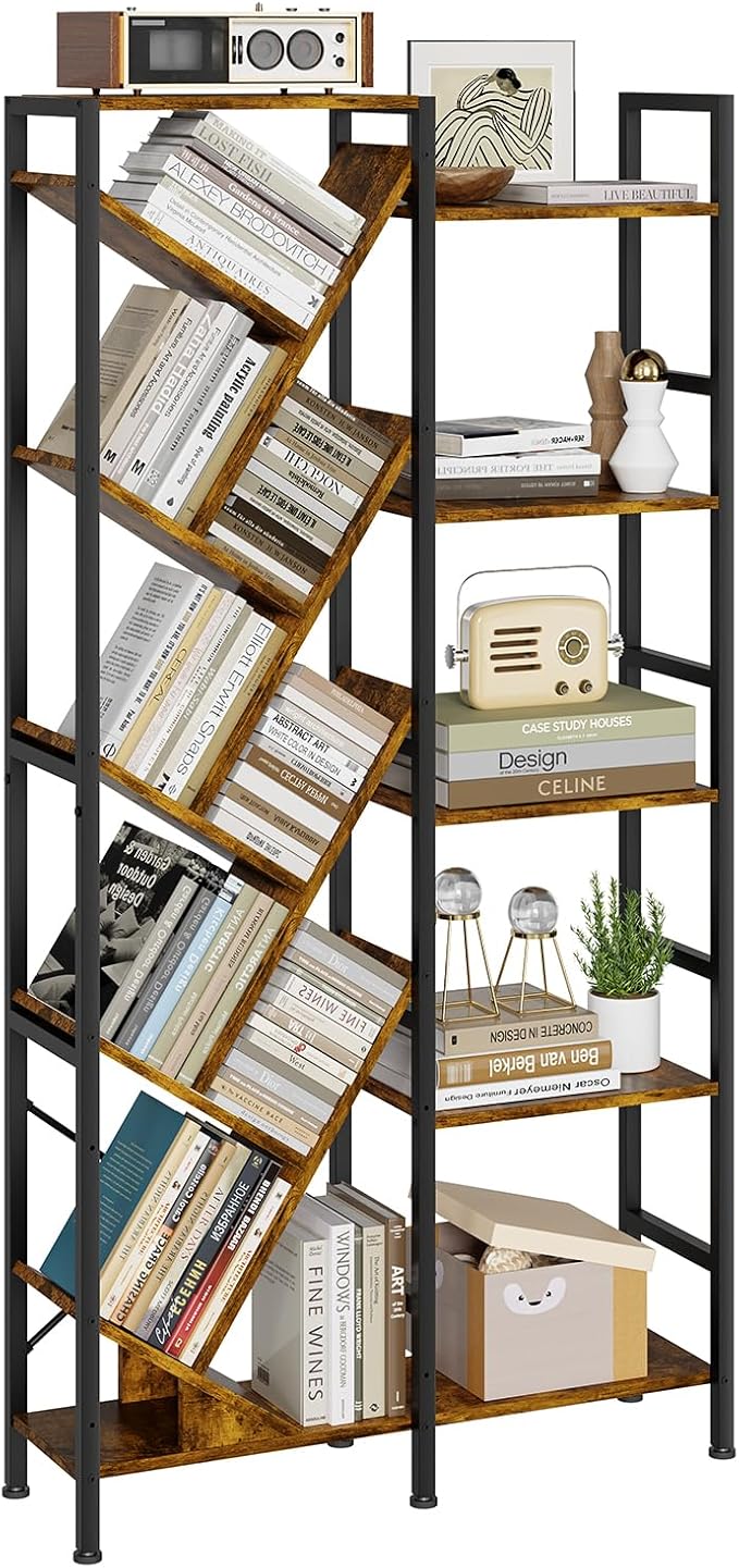 5-Tier Double Wide Bookshelf 67", Industrial Tree BookShelves, Vintage Storage