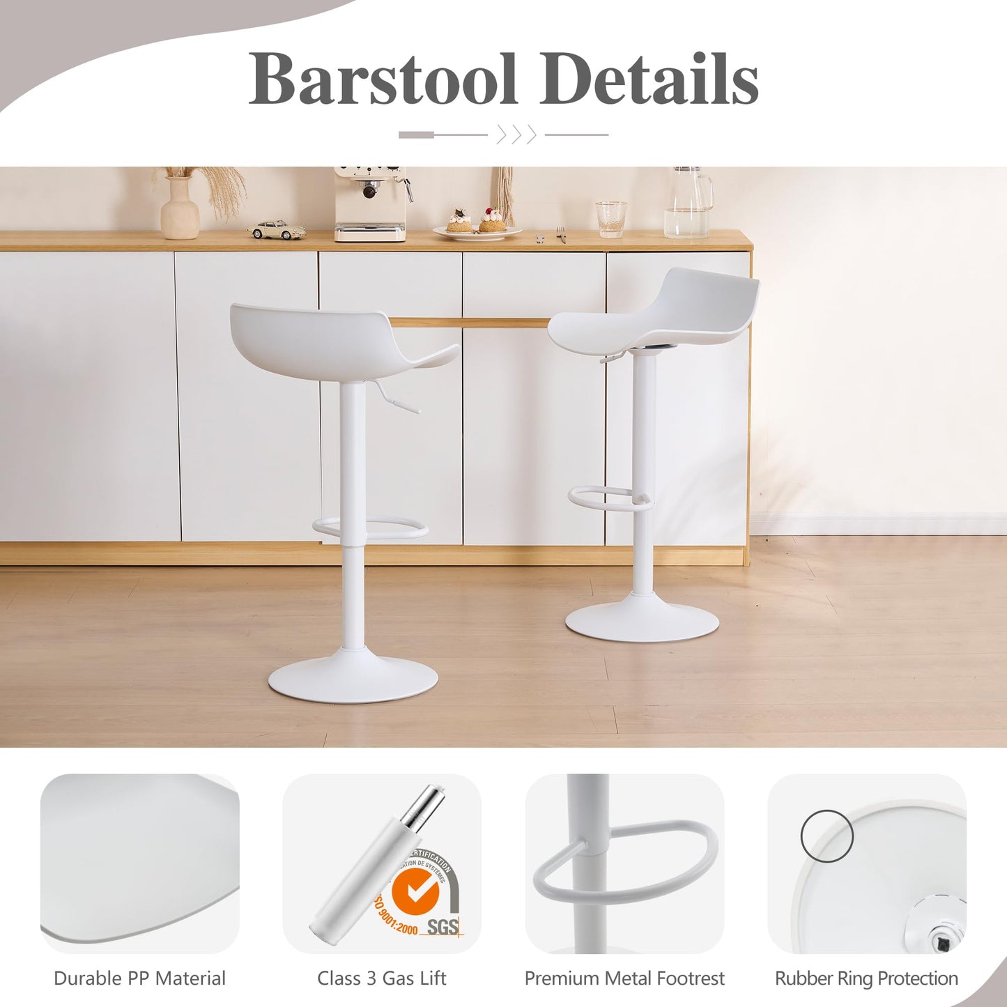 YOUNIKE White Adjustable Height Bar Stools Set of 2 Plastic Swivel Barstool with Low Back Modern Kitchen Counter Island Bar Chairs for Breakfast Nook Cafe Bars Office