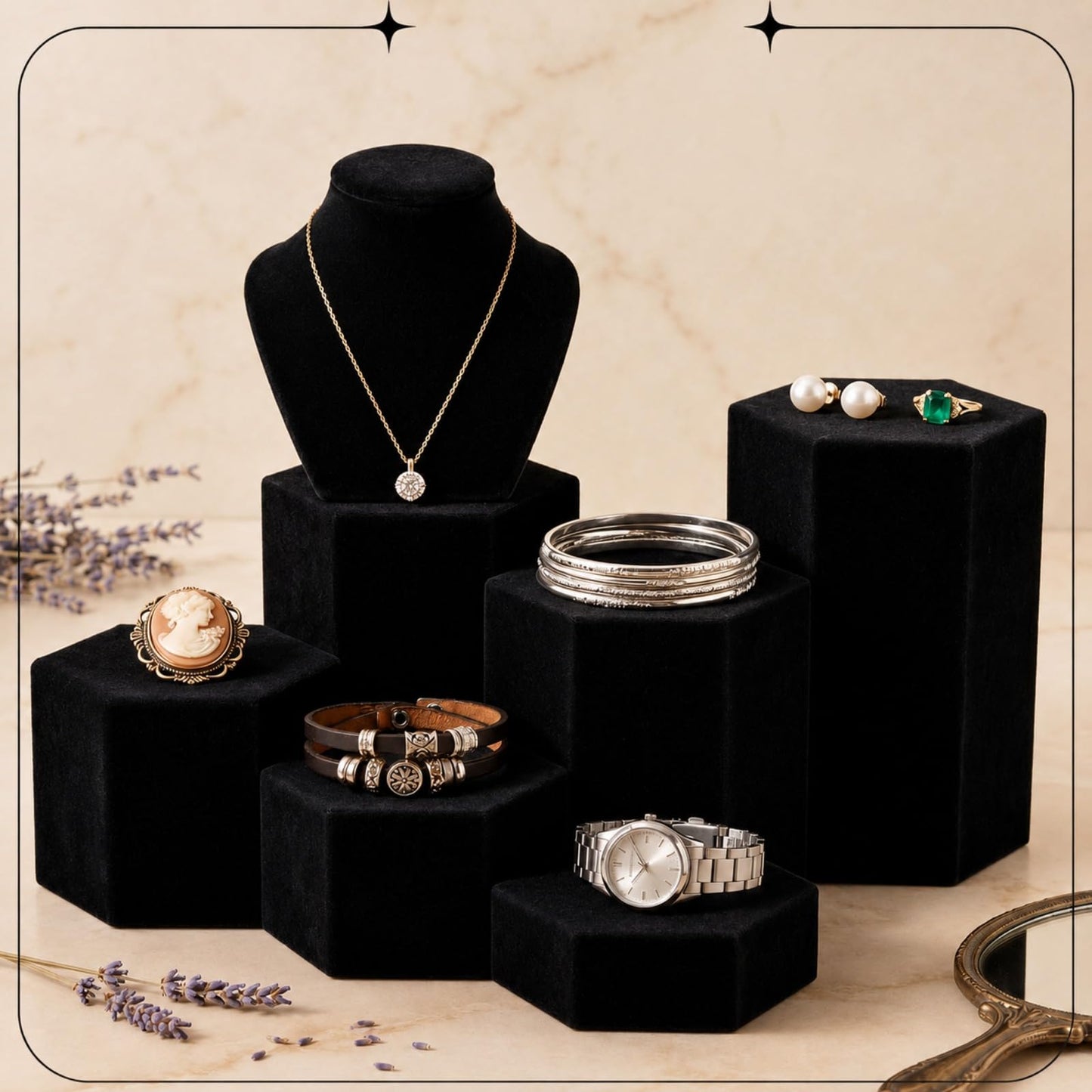 Sintuff 12 Pcs Black Velour Covered Tiered Hexagonal Jewelry Display Risers Wooden Hexagonal Market Display Risers Stands for Model Figures Decoration