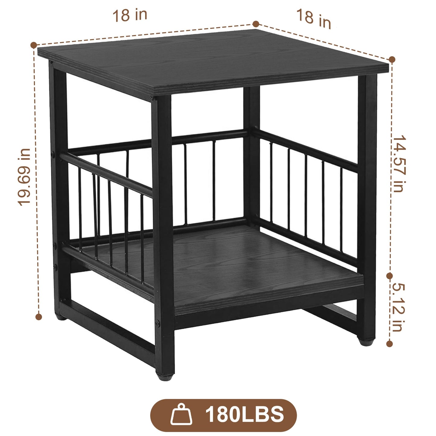End Table, Industrial Side Table with 2-Tire Storage Shelf, 180LBS Mini Fridge Stand with Adjustable Feet, 18"x18" Wood Night Stand Small Bedside Table with Sturdy Metal Frame for Living Room Bedroom