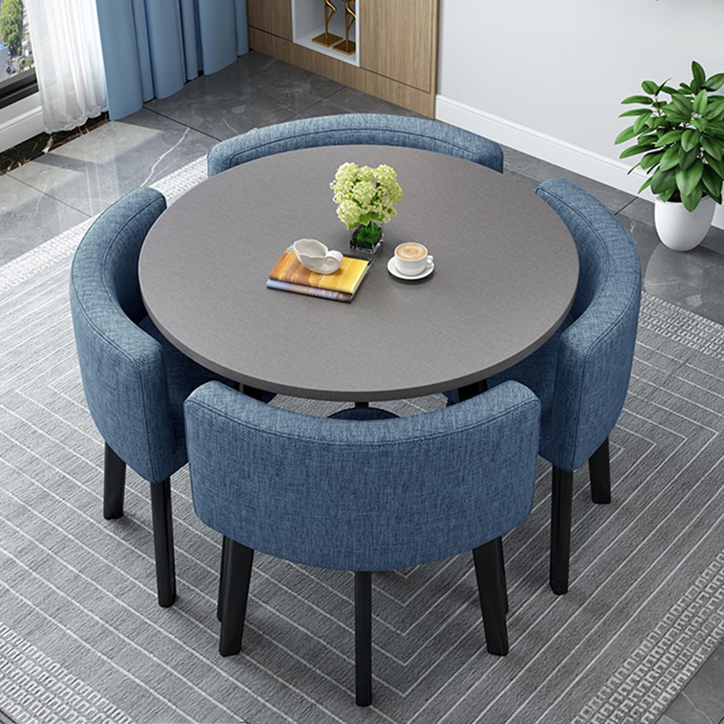HARELA Office Reception Round Table, Kitchen Breakfast Bar Table and Chair Set, Dining Round Table Soft Backrest Seat, Cafe Balcony Living Room Simple Round Dining Table, Cotton Linen (Color : Blue)